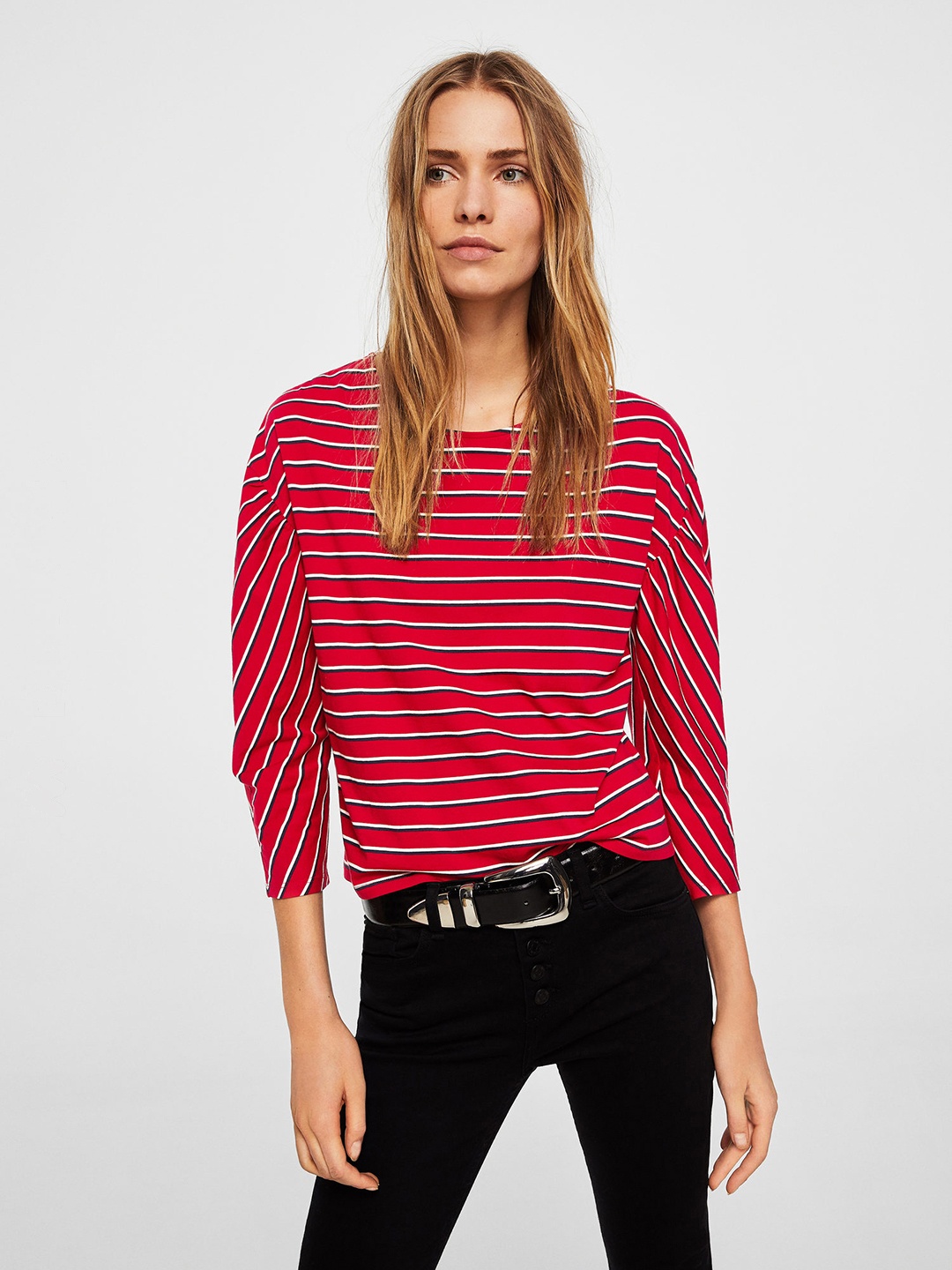 

MANGO Women Red Striped Pure Cotton Top