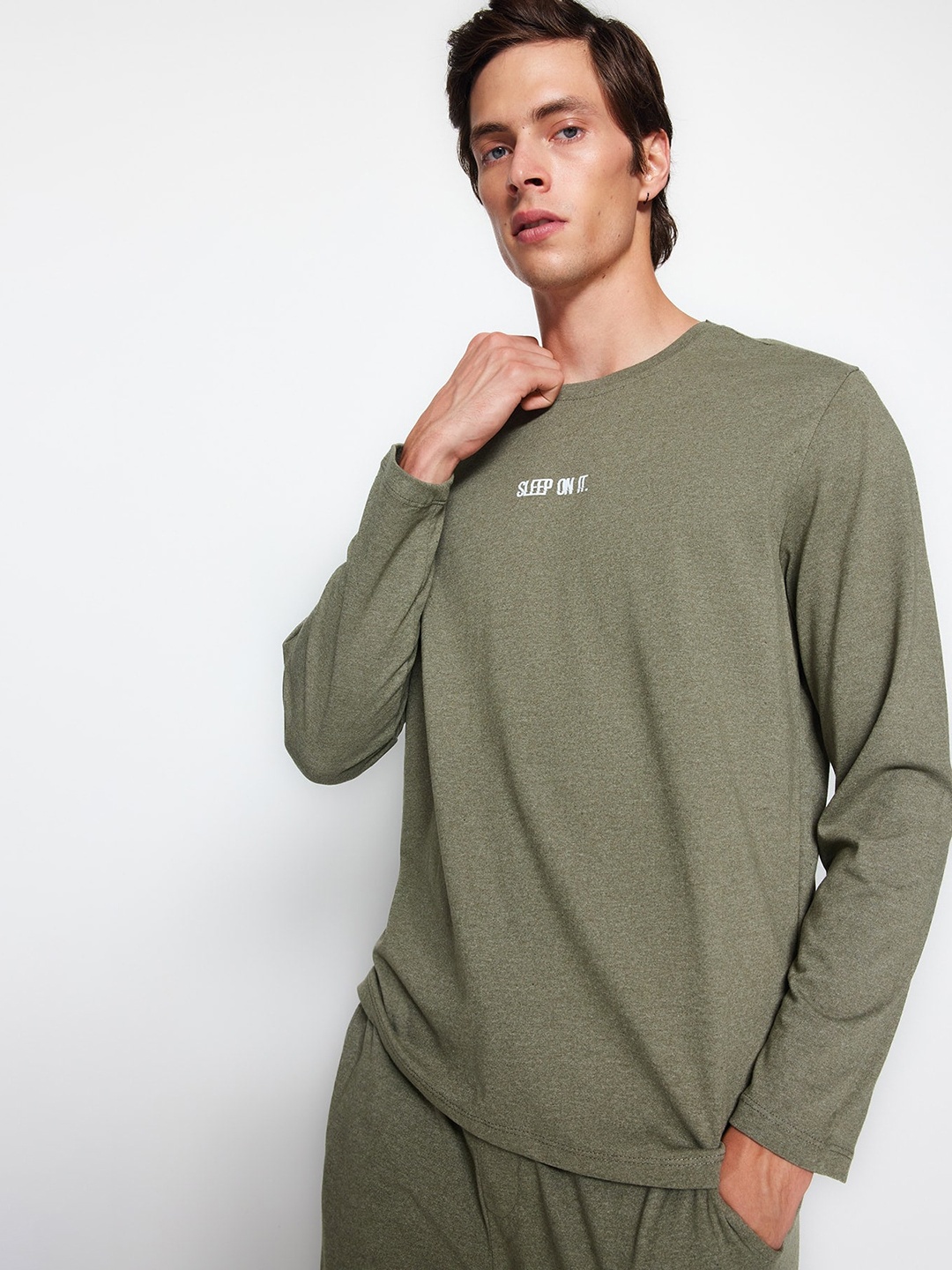 

Trendyol Typography Printed Round Neck Night suit, Khaki