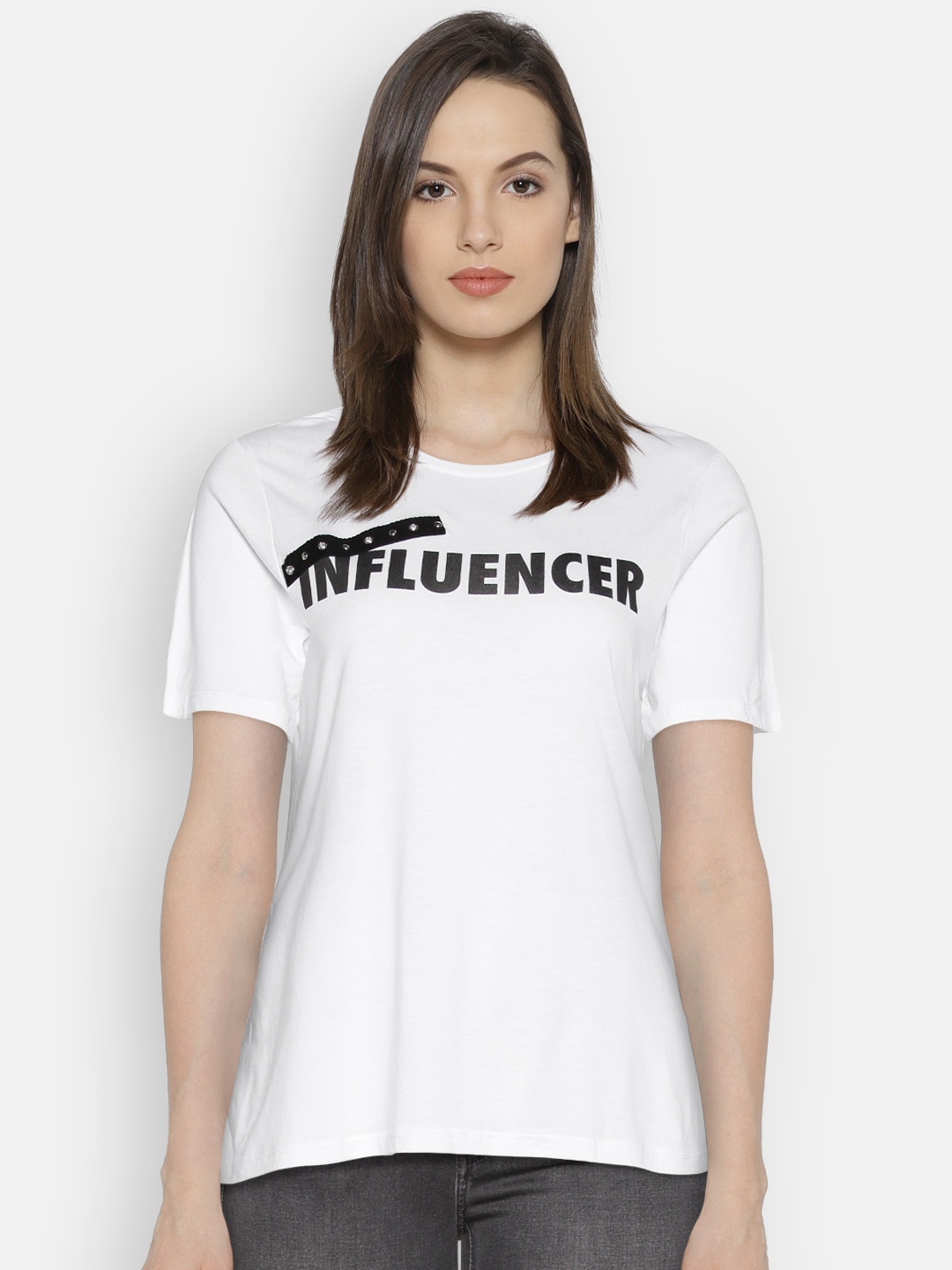 

MANGO Women White Printed Round Neck T-shirt