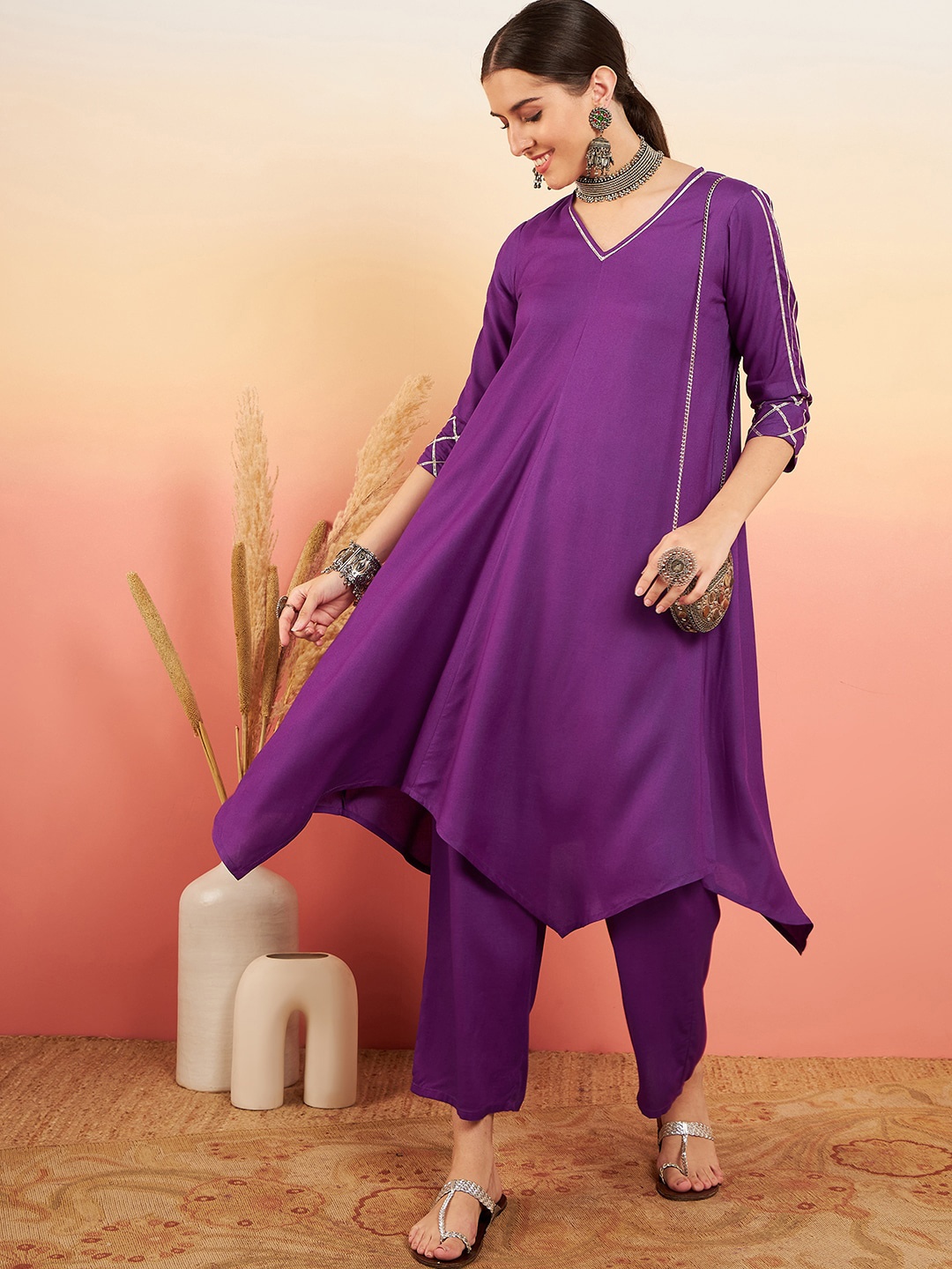 

InWeave V-Neck Asymmetric Gotta Patti A-Line Kurta with Palazzos, Violet