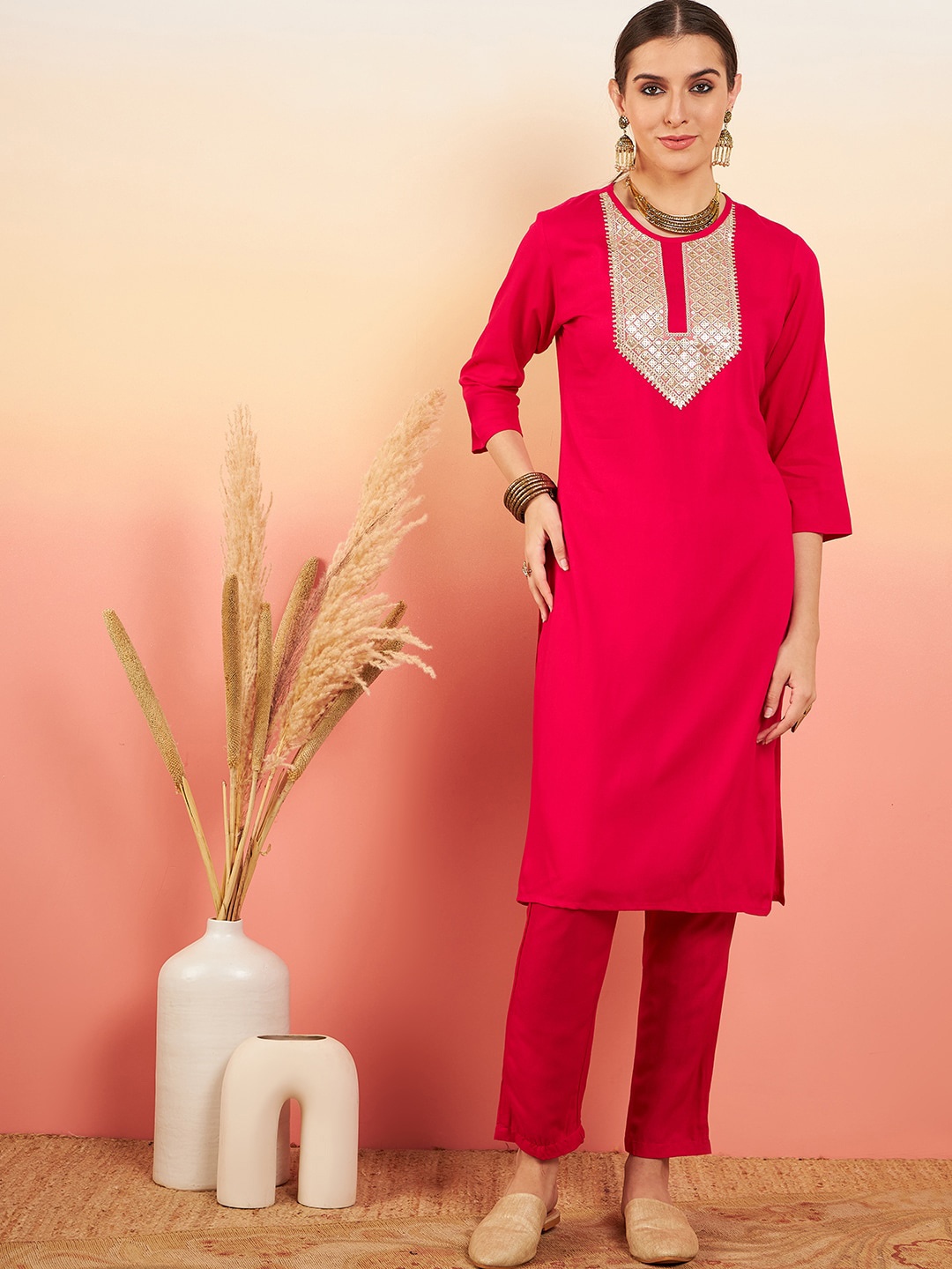 

InWeave Ethnic Motifs Yoke Designed Regular Sequined Kurta With Trousers, Fuchsia