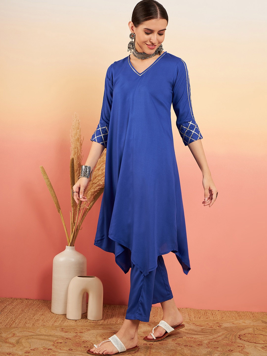 

InWeave V-Neck Asymmetric Gotta Patti A-Line Kurta with Palazzos, Blue