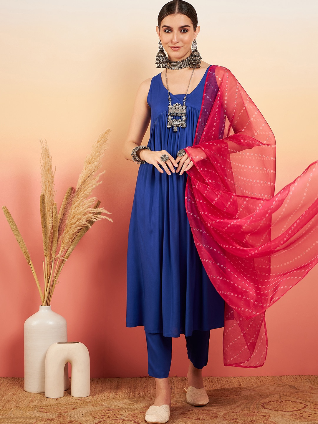 

InWeave Empire Anarkali Kurta & Trousers With Dupatta, Blue