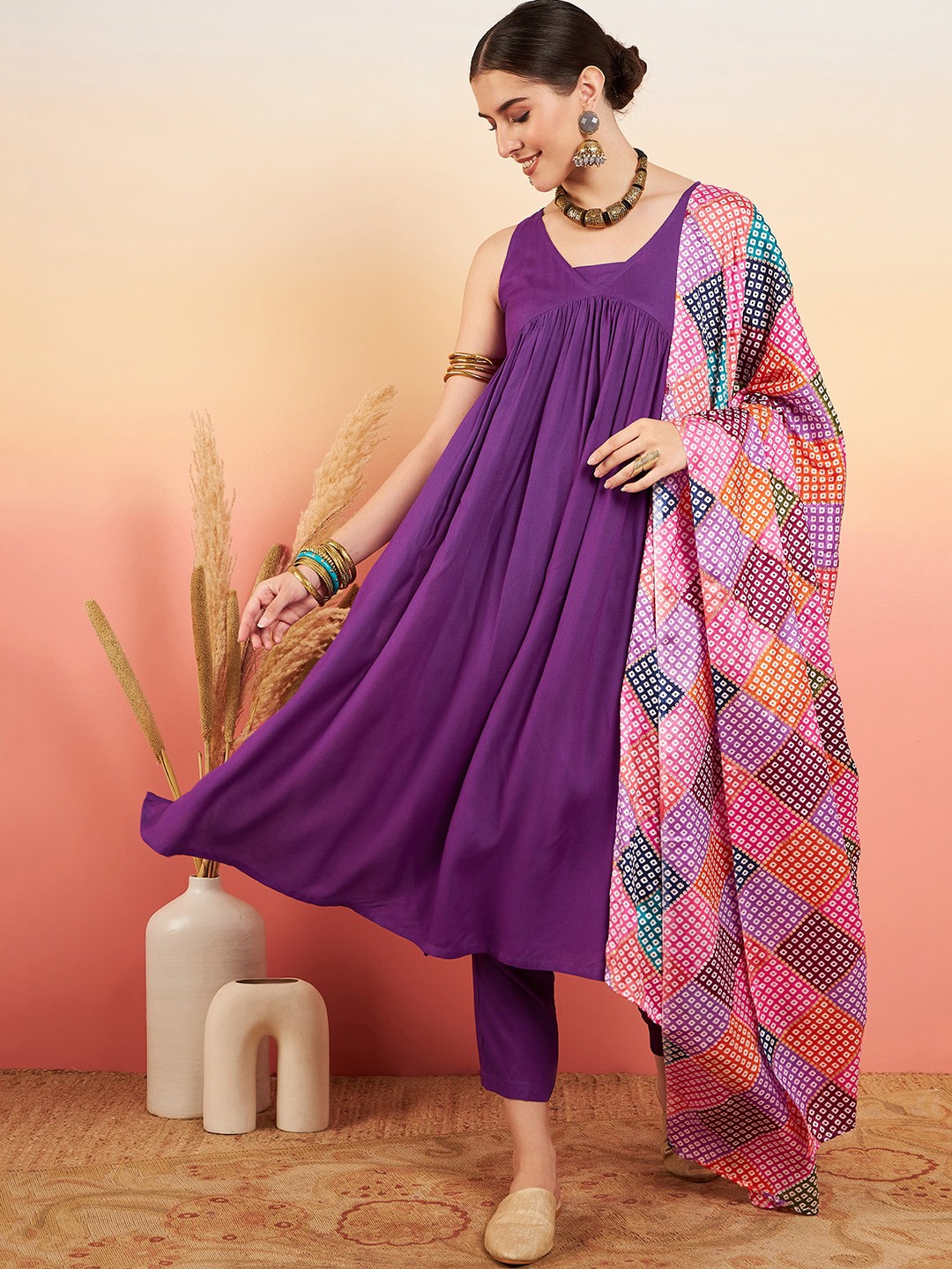 

InWeave A-Line Empire Kurta With Trousers & Dupatta, Violet