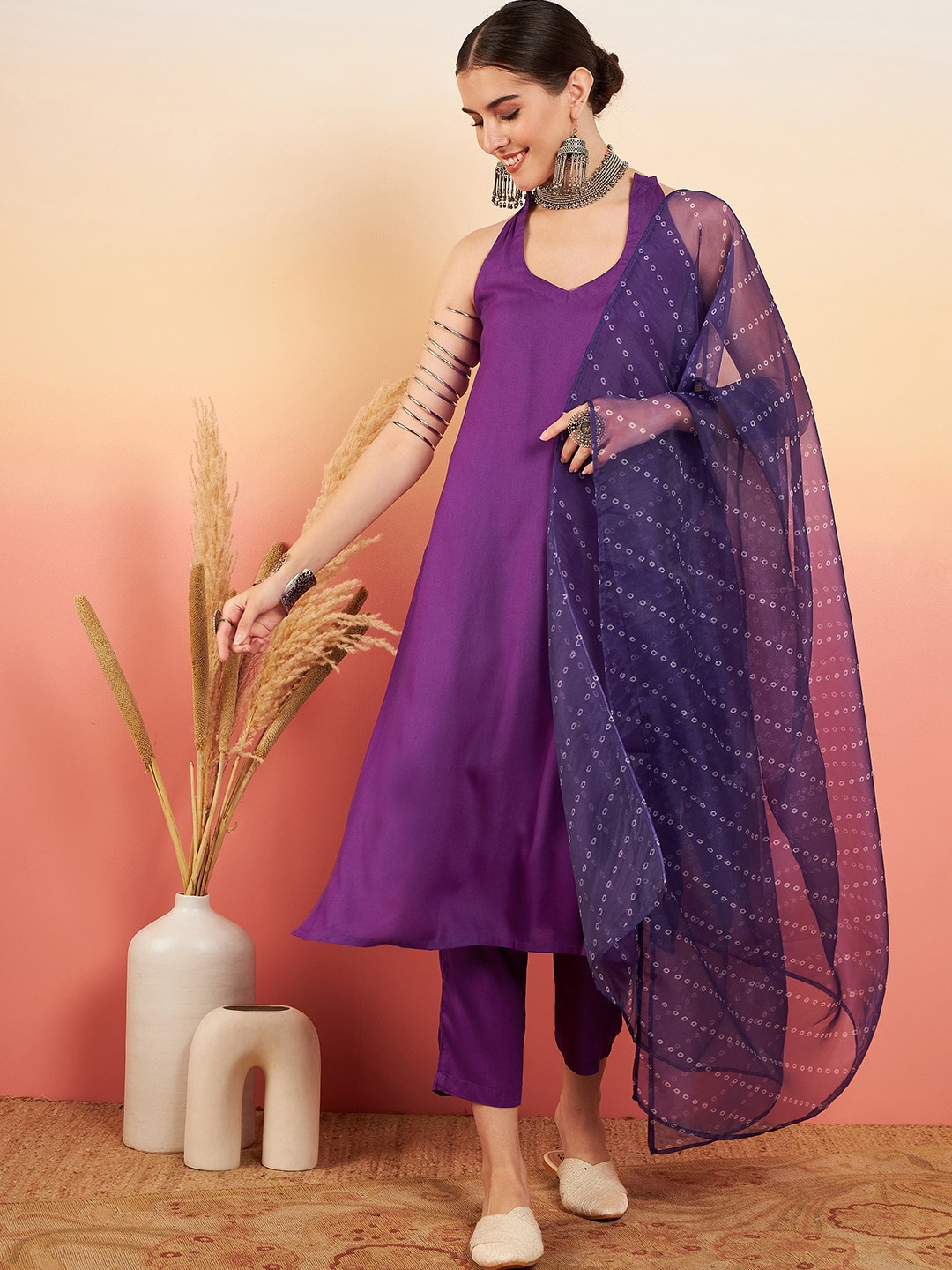 

InWeave Halter Neck Regular Straight Kurta & Trousers With Dupatta, Violet