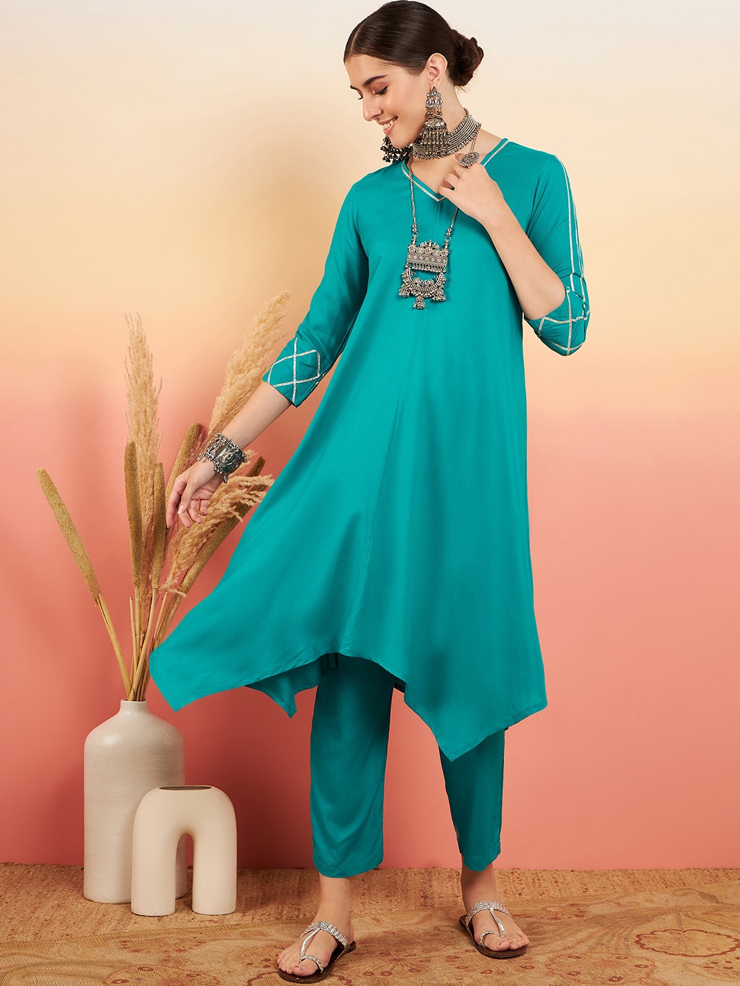 

InWeave V-Neck Asymmetric Gotta Patti A-Line Kurta with Palazzos, Sea green