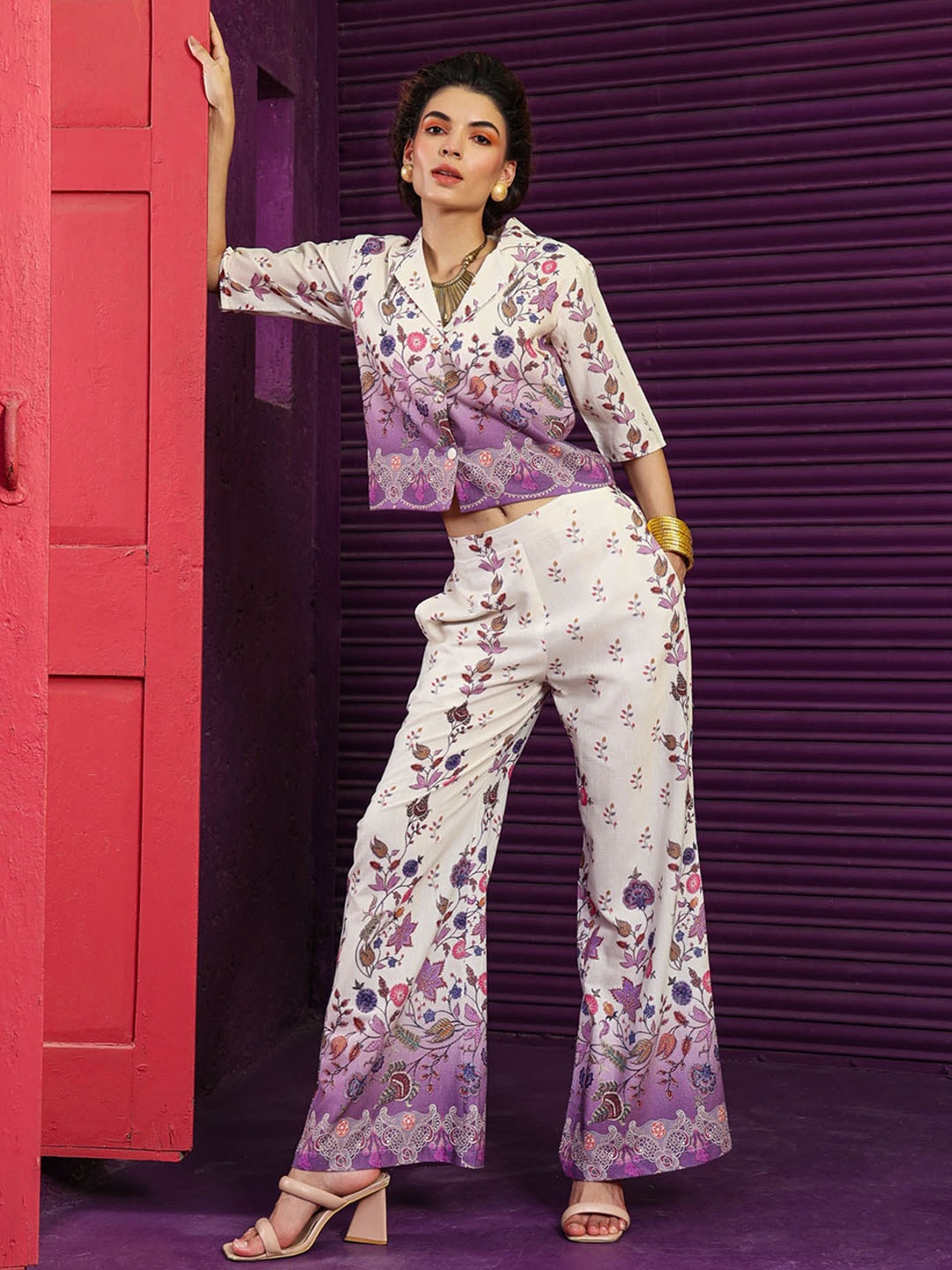 

FASHION DWAR Printed Linen Top With Palazzos, Lavender