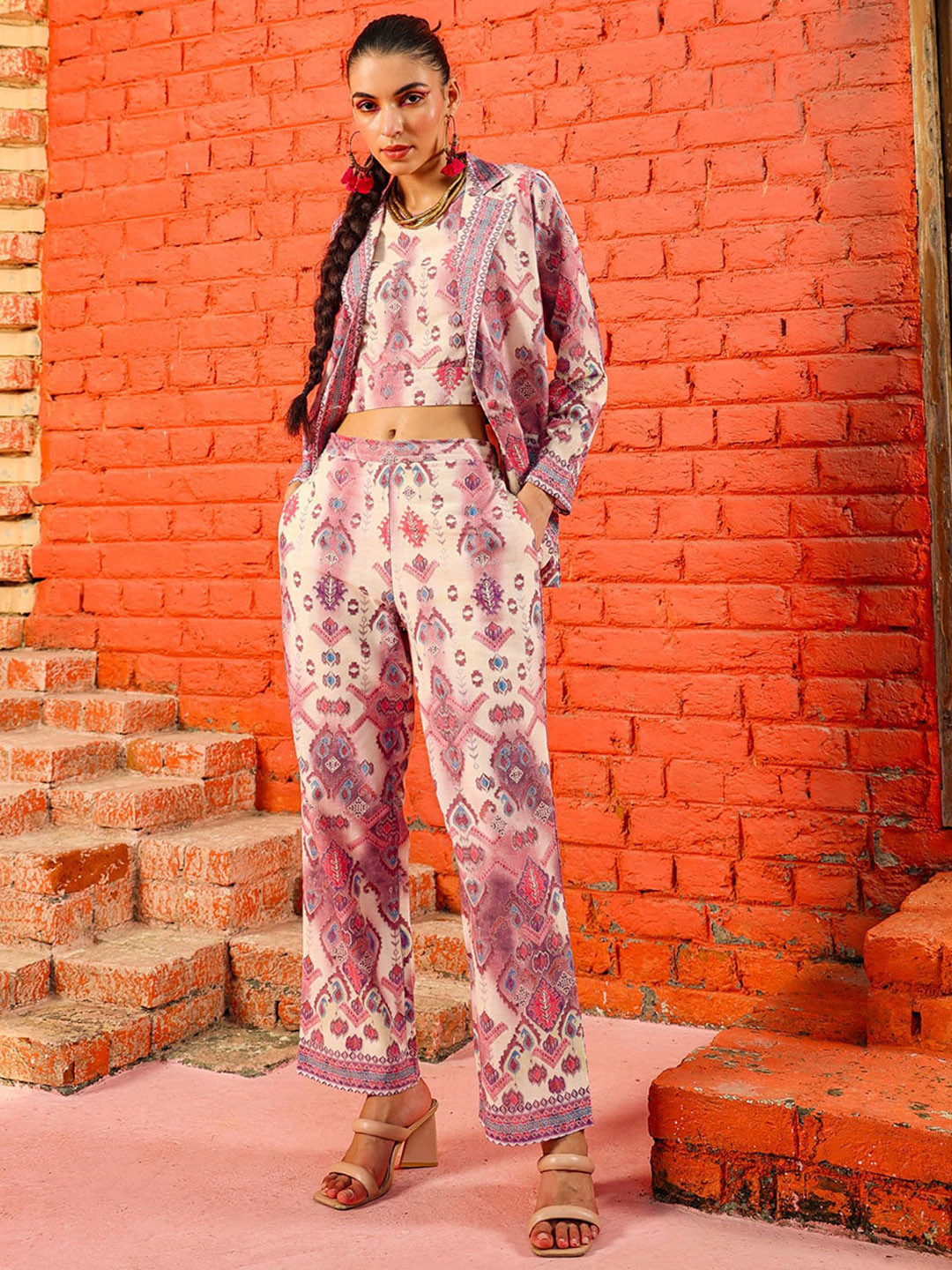 

FASHION DWAR Printed Linen Blazer With Trousers, Lavender
