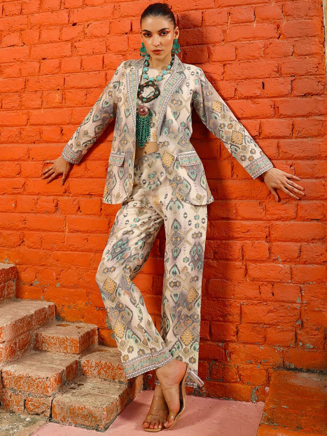 

FASHION DWAR Printed Notch Lapel Collar Pure Linen Co-Ord, Beige