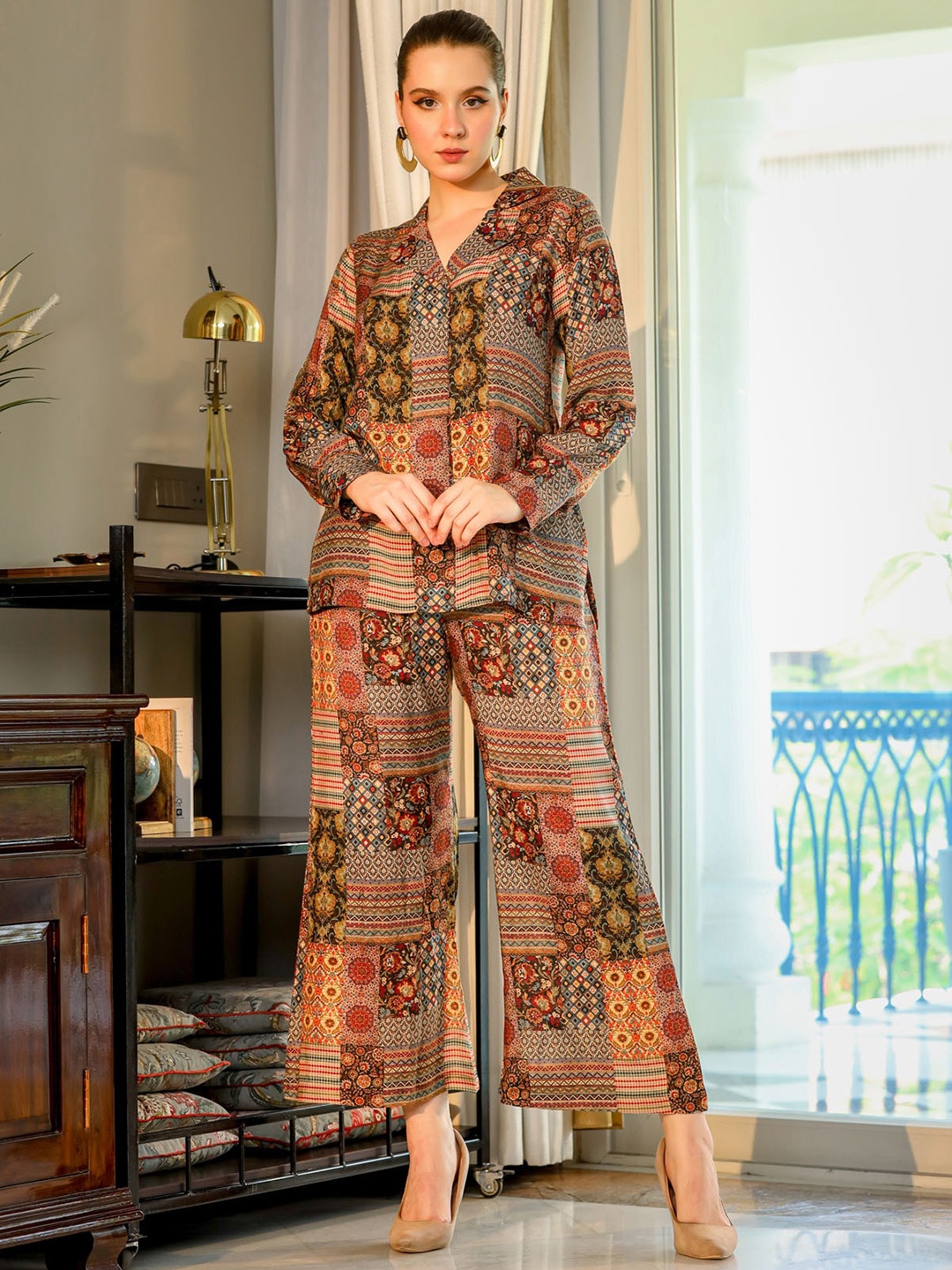 

FASHION DWAR Printed Notch Lapel Collar Co-Ord, Brown