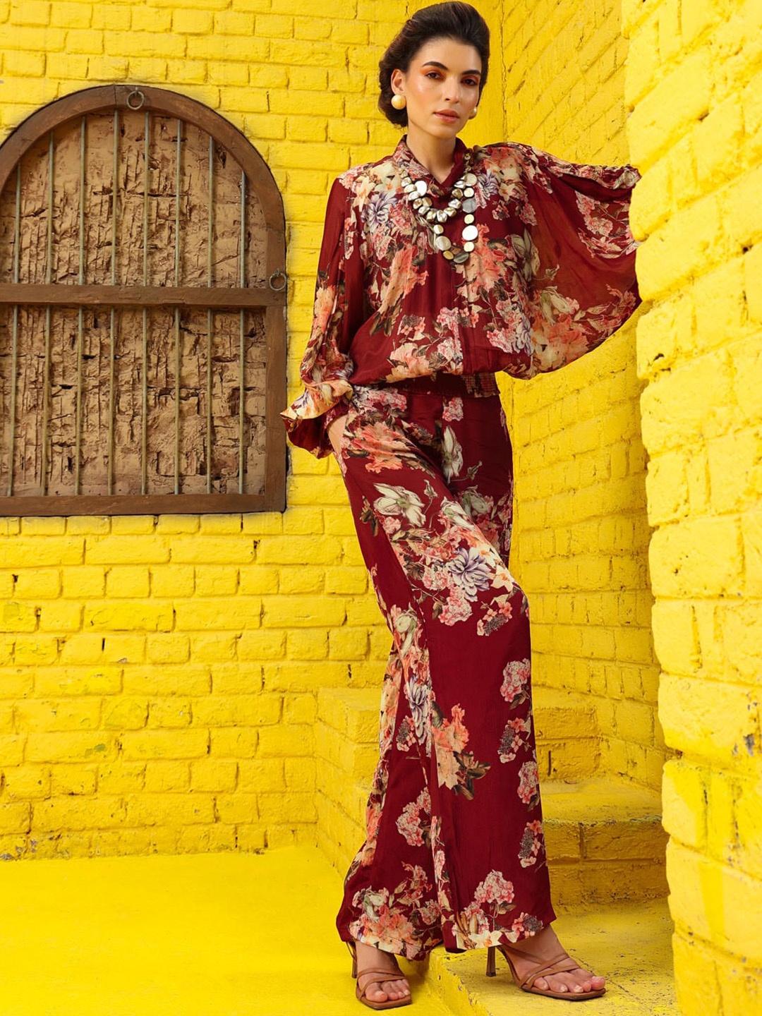 

FASHION DWAR Floral Printed Top And Palazzos Co-Ords, Maroon