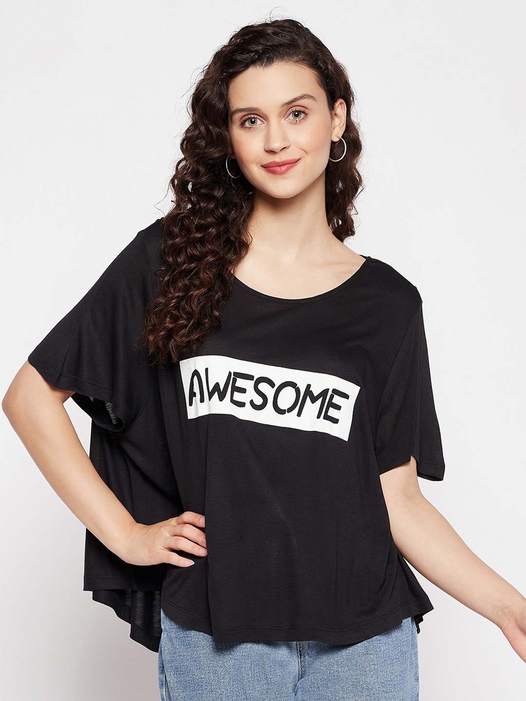 

STYLE BLUSH Typography Printed Oversized Cotton T-shirt, Black