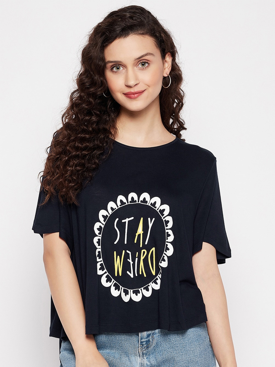 

STYLE BLUSH Typography Printed Oversized Cotton T-shirt, Navy blue