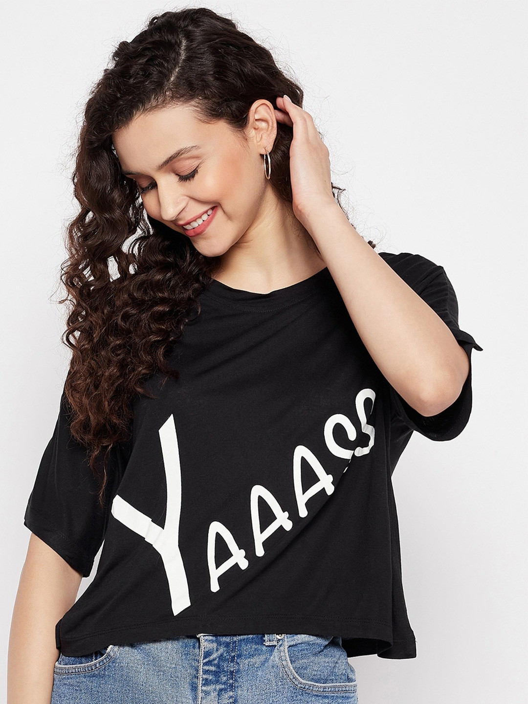 

STYLE BLUSH Typography Printed Cotton Regular Top, Black