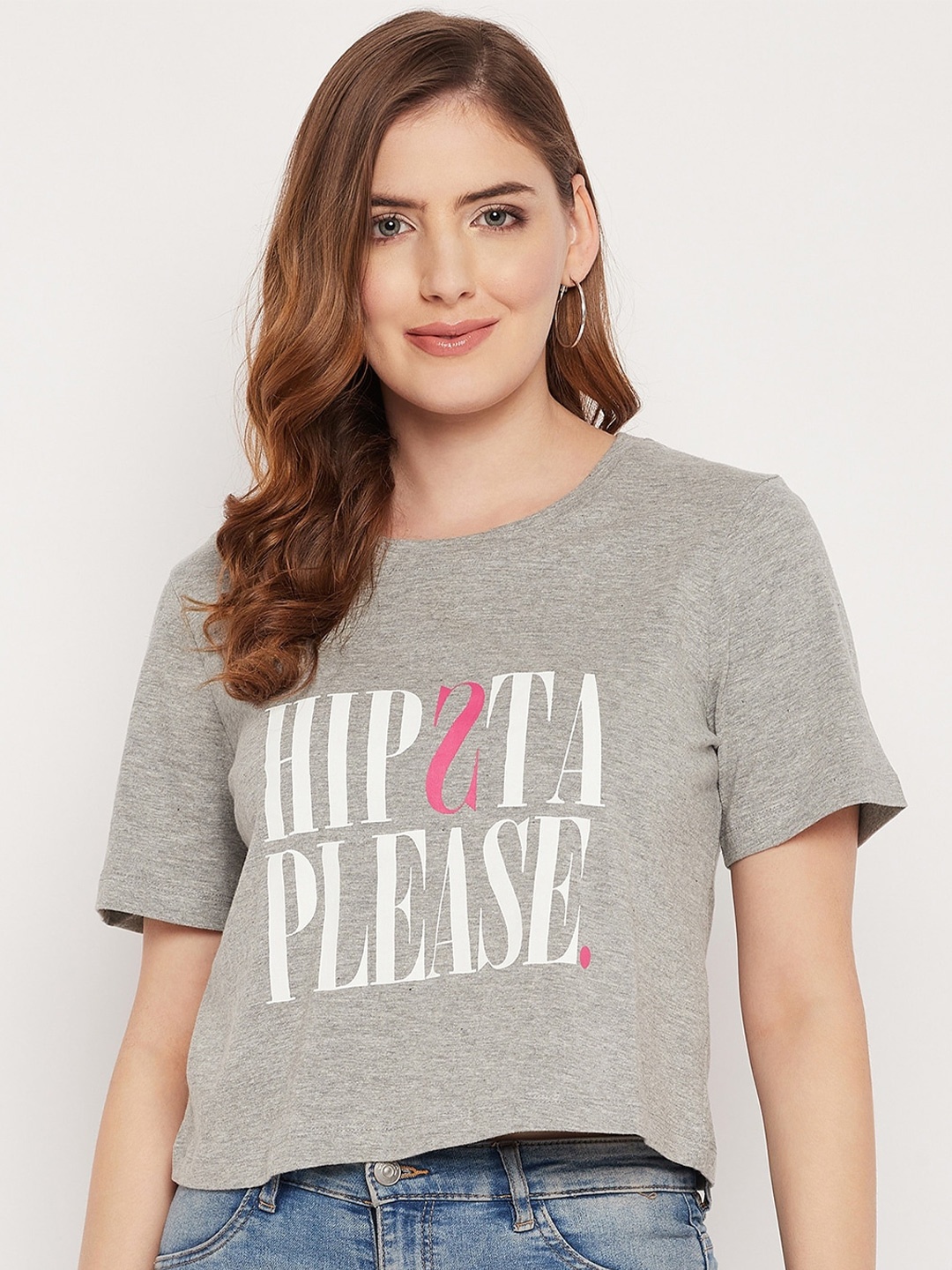 

STYLE BLUSH Typography Printed Cotton T-shirt, Grey