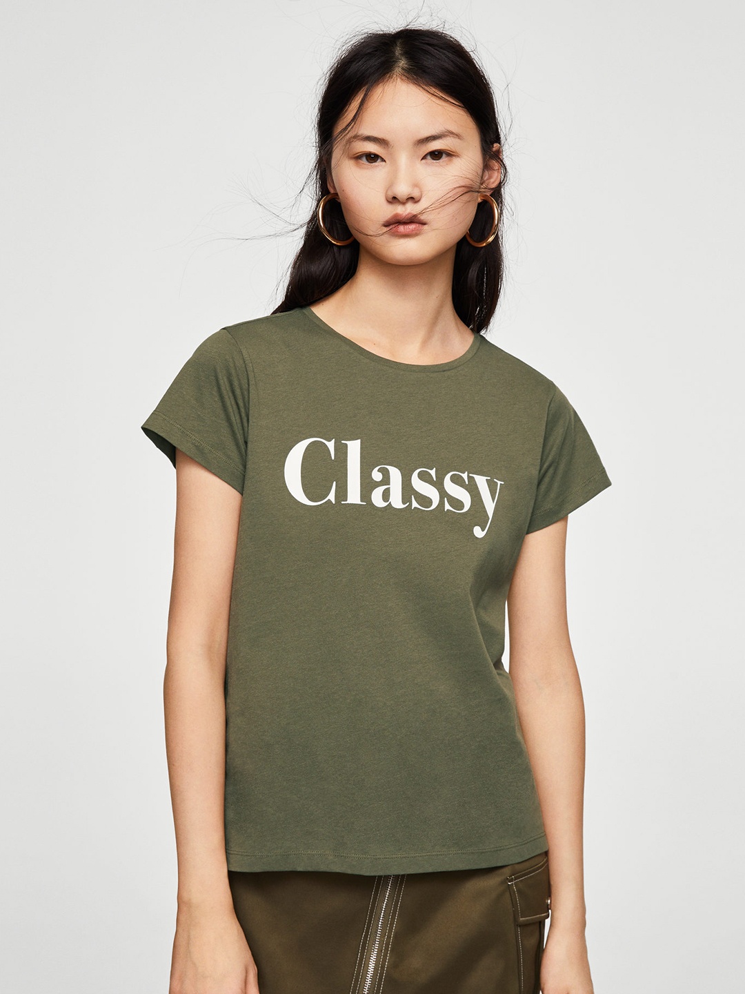 

MANGO Women Olive Green Printed Round Neck T-shirt