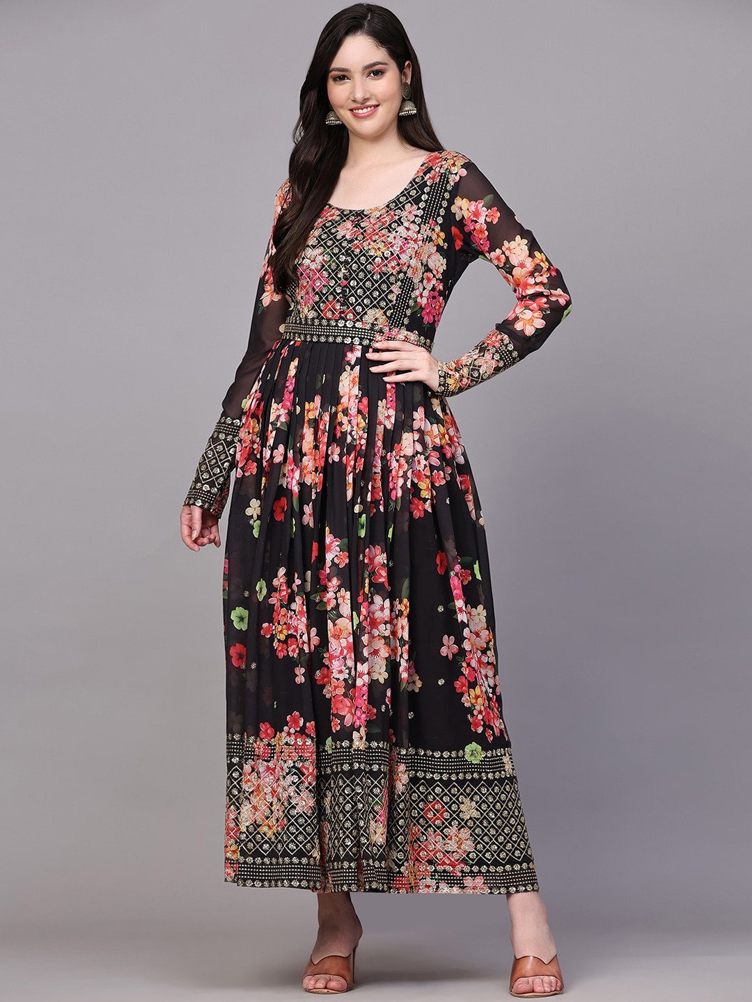 

KALINI Floral Printed Embellished Pleated Georgette Fit & Flare Maxi Ethnic Dress, Black