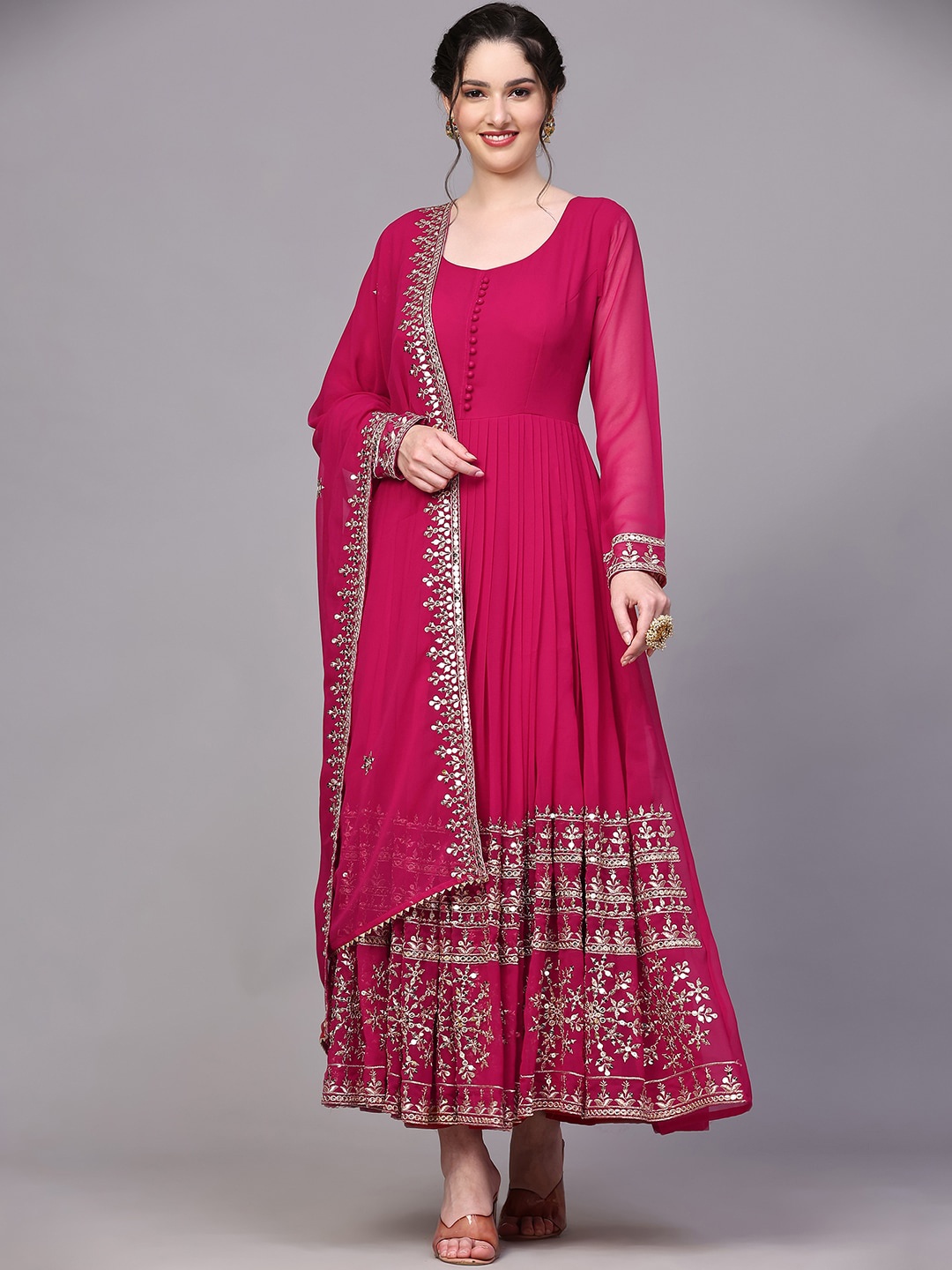 

BLACK SCISSOR Embroidered Georgette Maxi Ethnic Dress With Dupatta, Pink