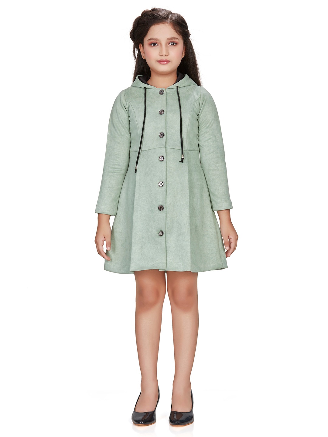 

Peppermint Girls Hooded Neck Long Sleeve Pleated A-Line Dress, Green