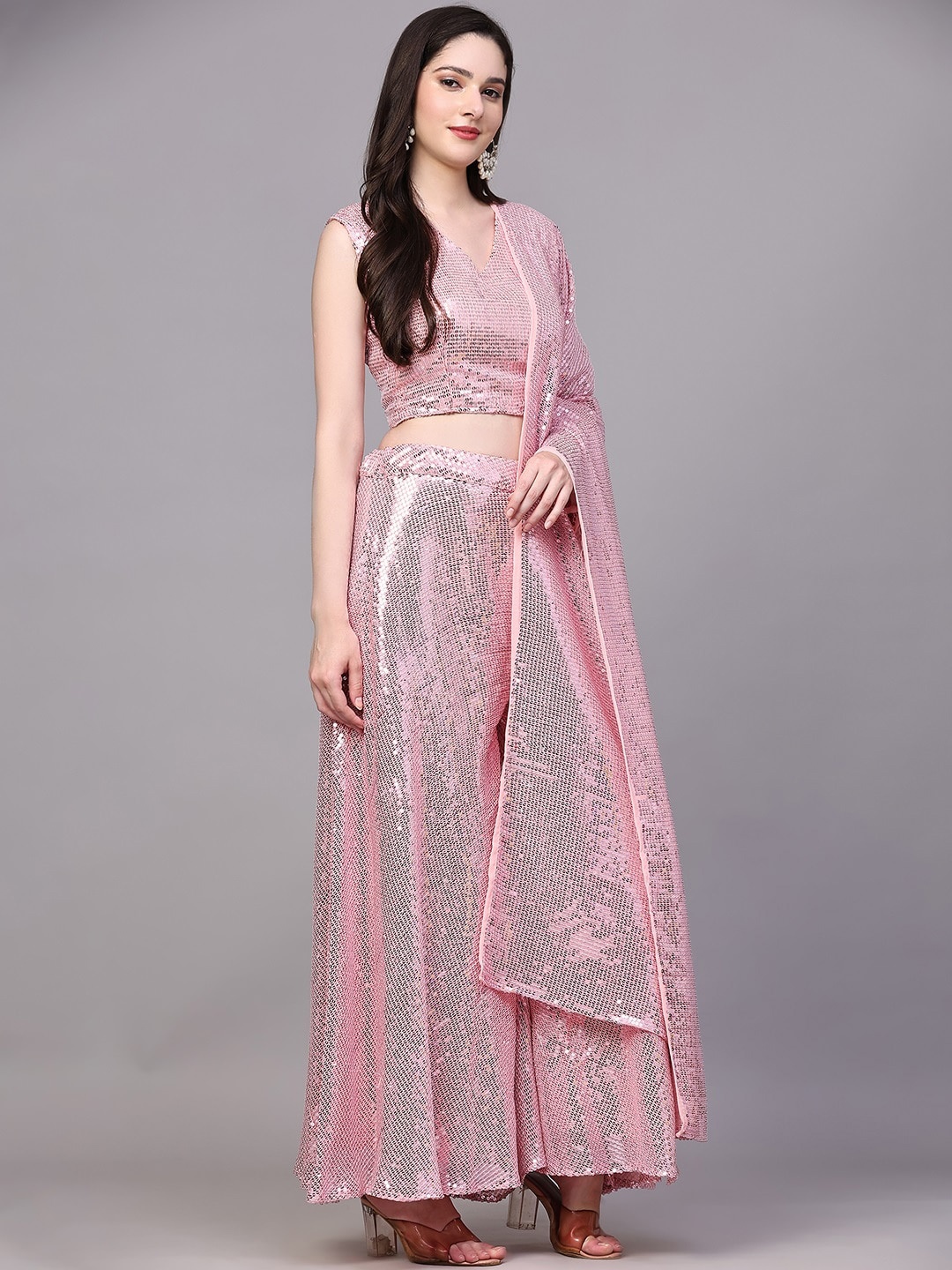 

KALINI Embellished Crop Top With Palazzo & Dupatta, Pink