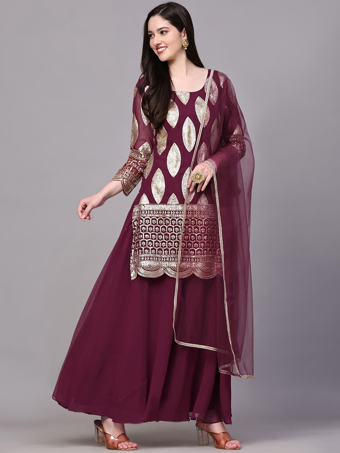 

KALINI Embellished Sequinned Kurta with Sharara & Dupatta, Maroon