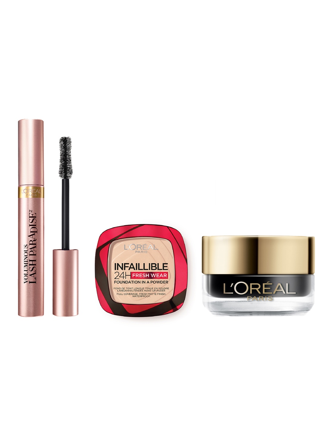 

LOreal Super Eye Liner+ Voluminous Lash Paradise Mascara+Infallible Powder Foundation, Beige