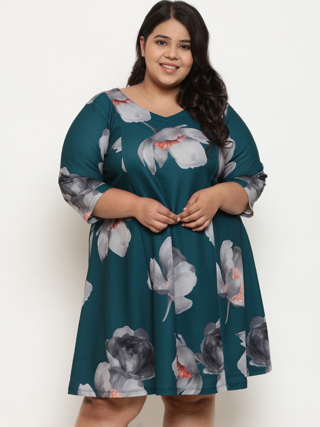 

Amydus Plus Size Floral Printed Cotton A-Line Dress, Green