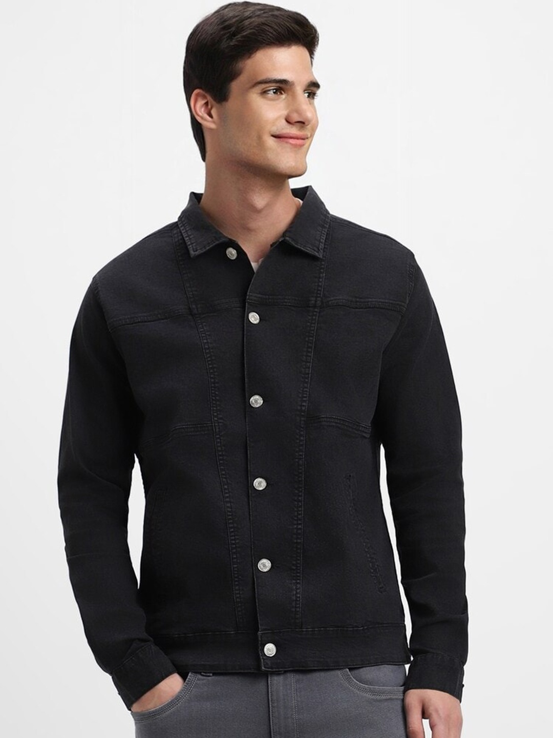 

FOREVER 21 Spread Collar Denim Jacket, Black