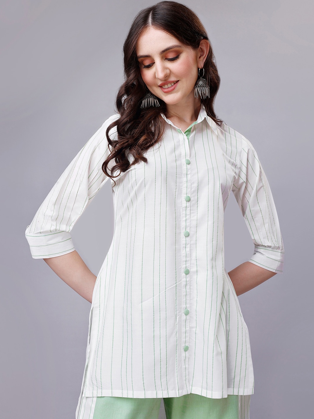 

WEAVLLITE Striped Shirt Collar High Low Hem Tunic With Striped Trousers, White