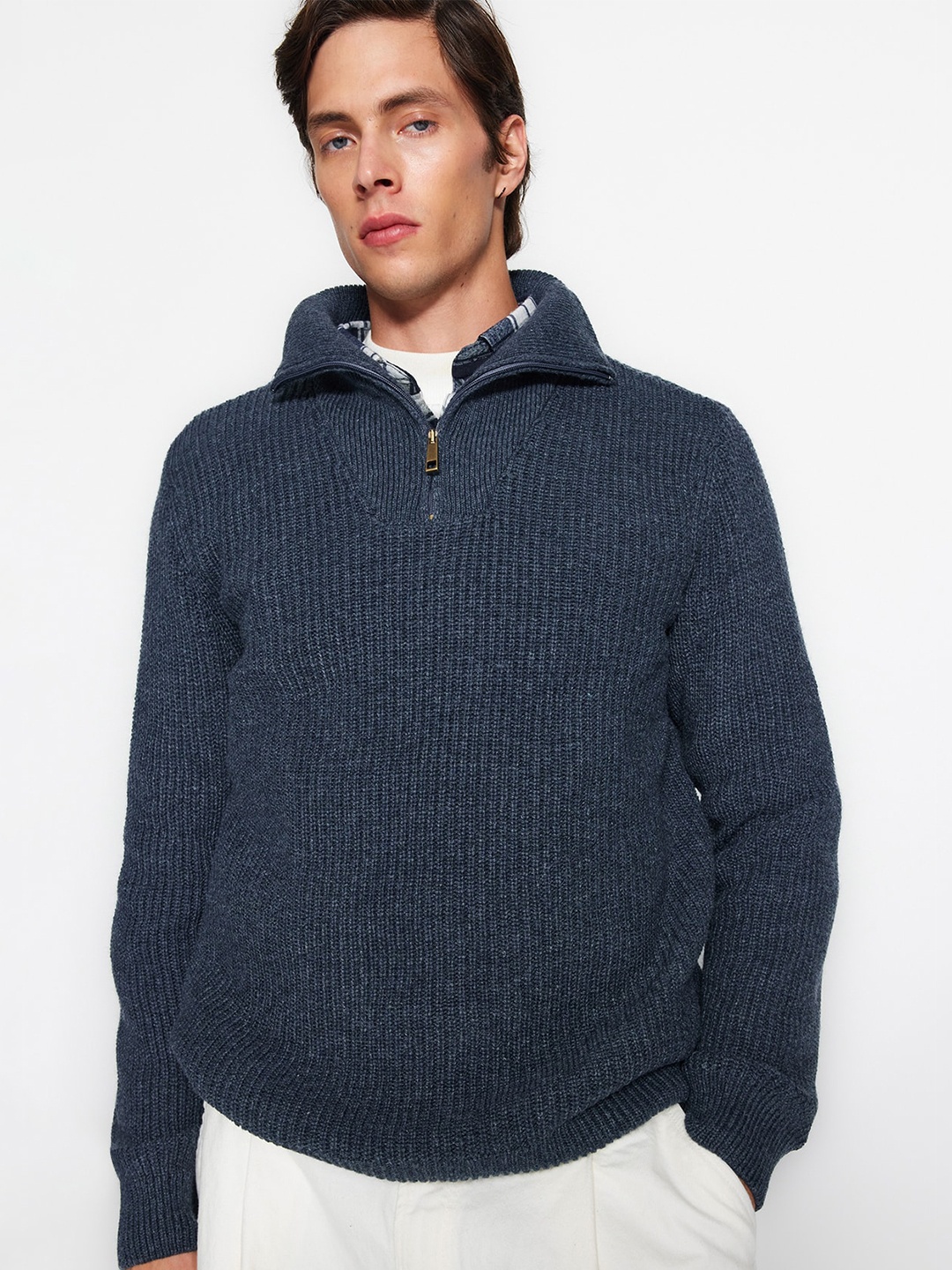 

Trendyol Mock Collar Ribbed Pullover Sweater, Navy blue