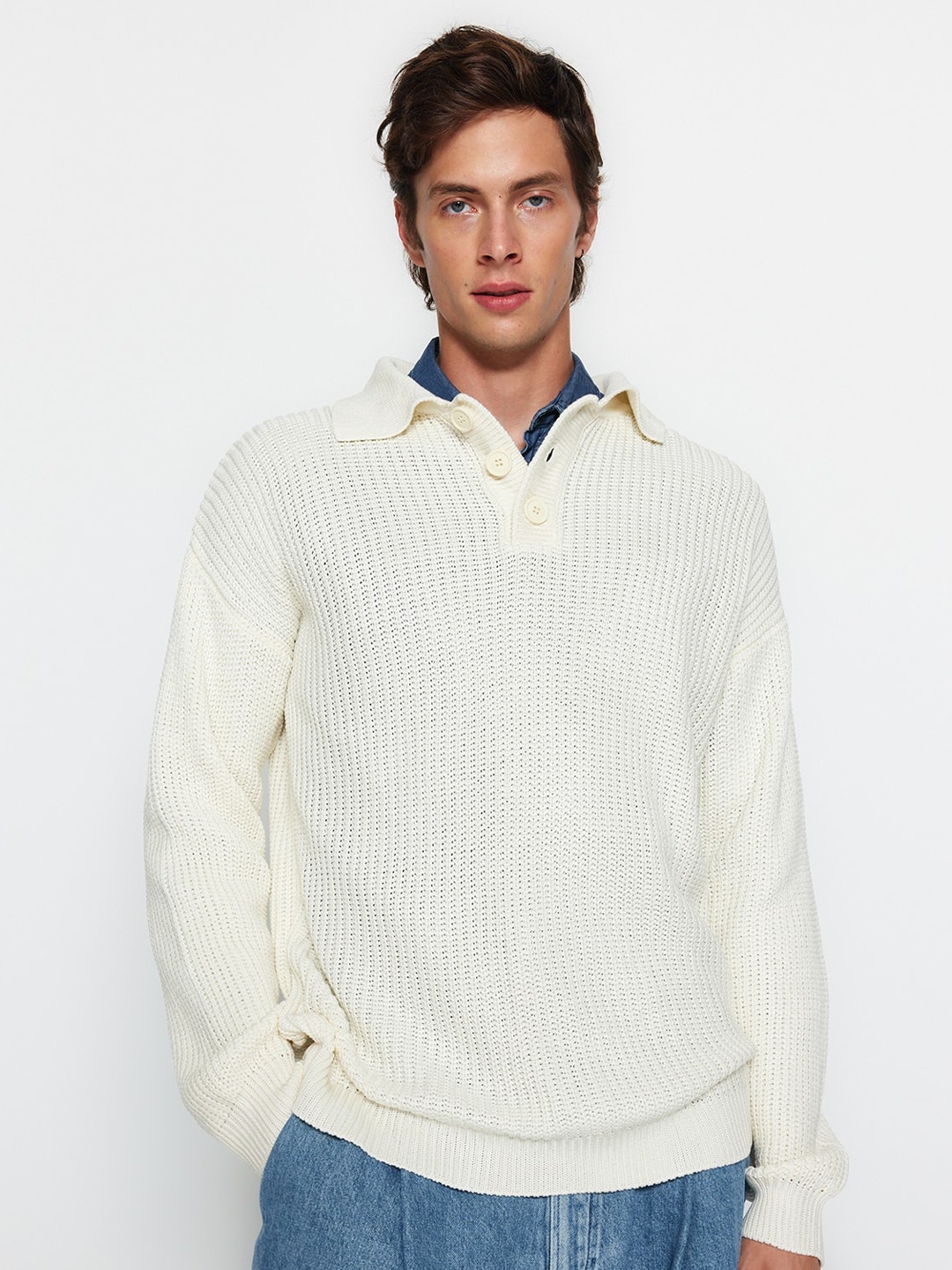 

Trendyol Open Knit Shirt Collar Acrylic Pullover, Cream