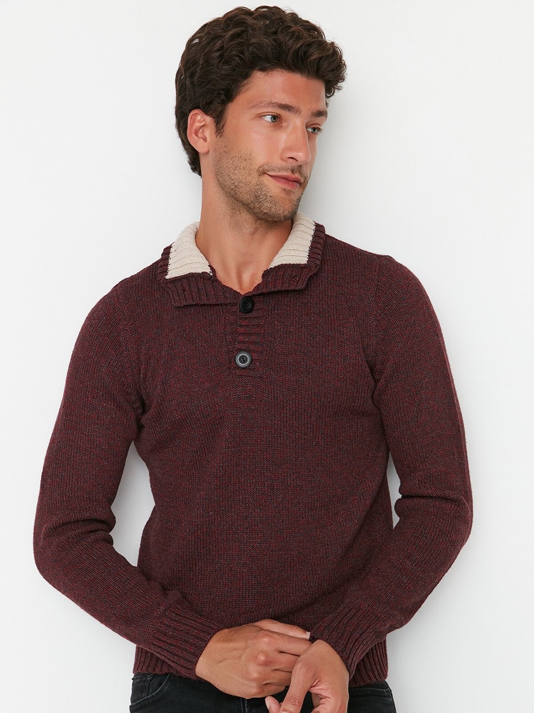 

Trendyol Mock Collar Ribbed Pullover, Burgundy