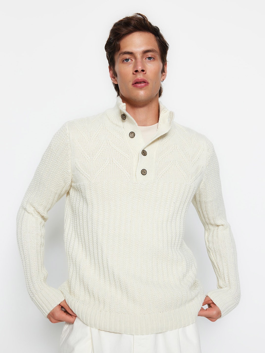 

Trendyol Striped Self Design Turtle Neck Pullover Sweater, White