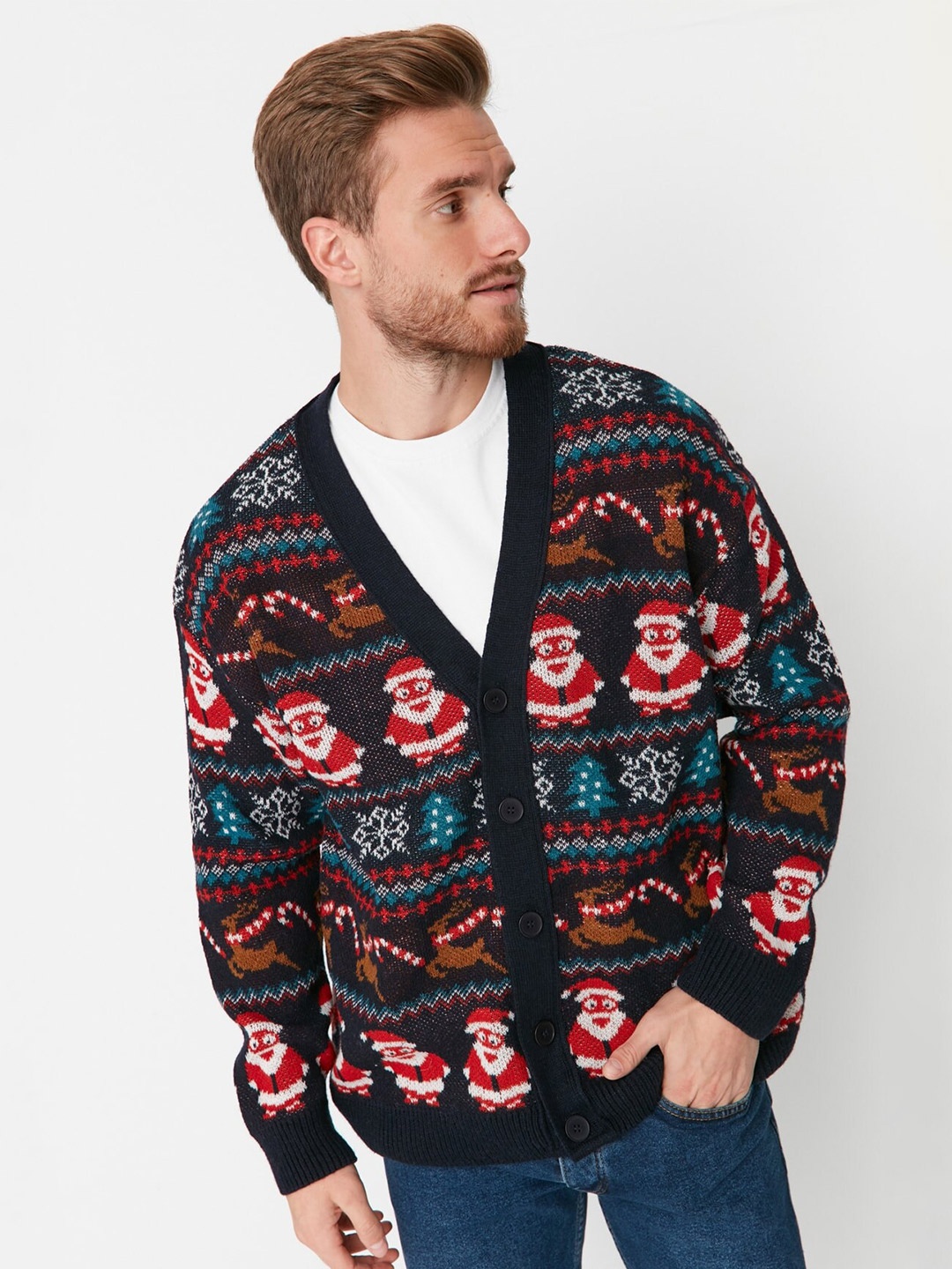 

Trendyol Self Design V-Neck Cardigan Sweater, Black