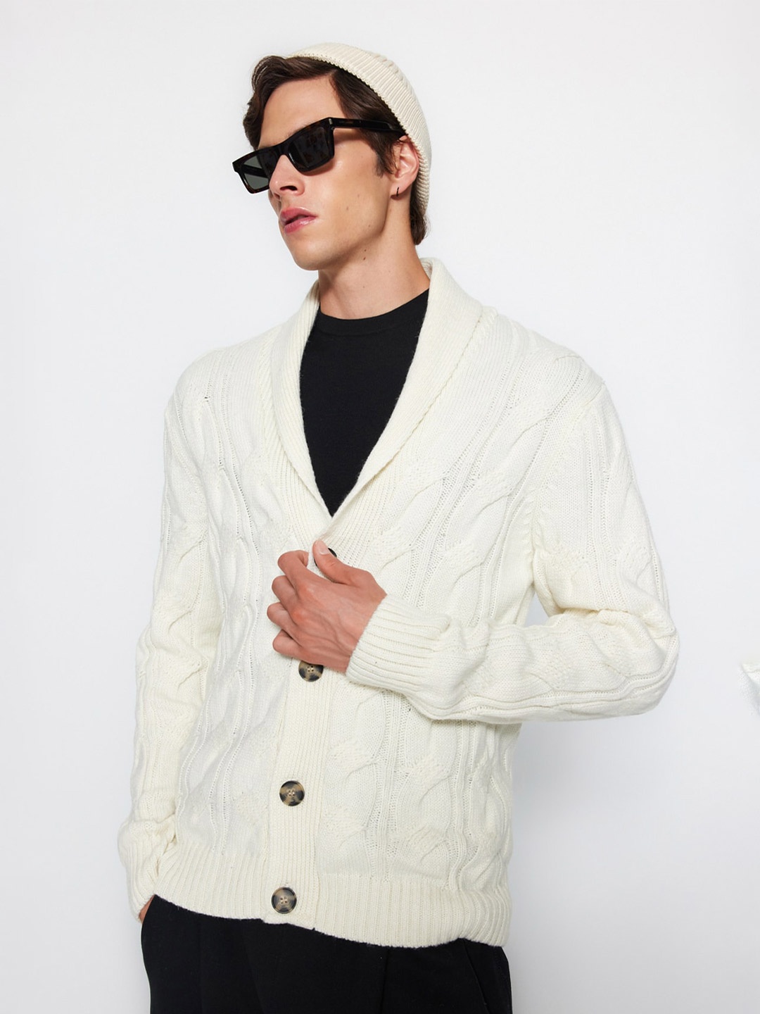 

Trendyol Cable Knit Shawl Collar Cardigan, Off white