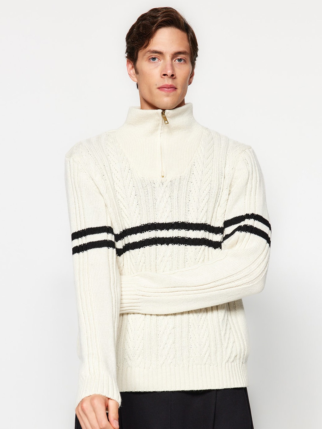 

Trendyol Cable Knit Self Design Mock Collar Pullover Sweater, Off white