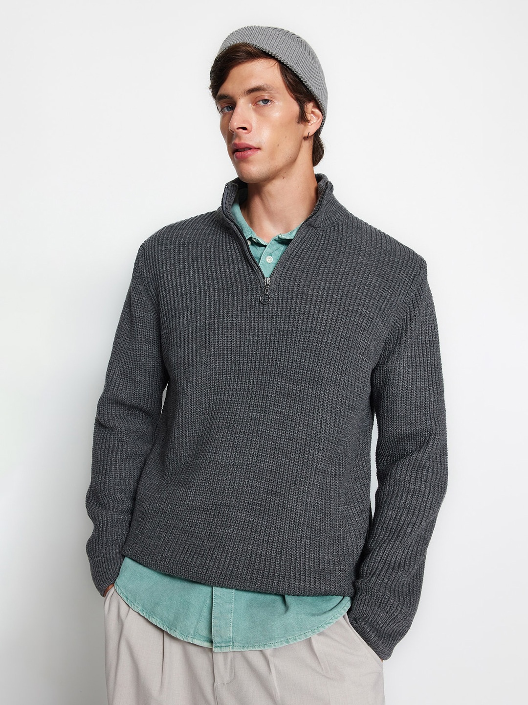 

Trendyol Ribbed Mock Collar Acrylic Pullover, Grey