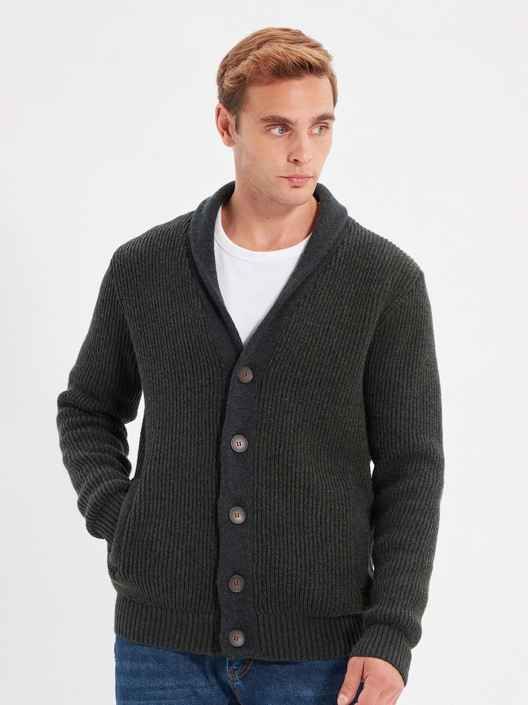 

Trendyol V-Neck Ribbed Cardigan Sweater, Grey