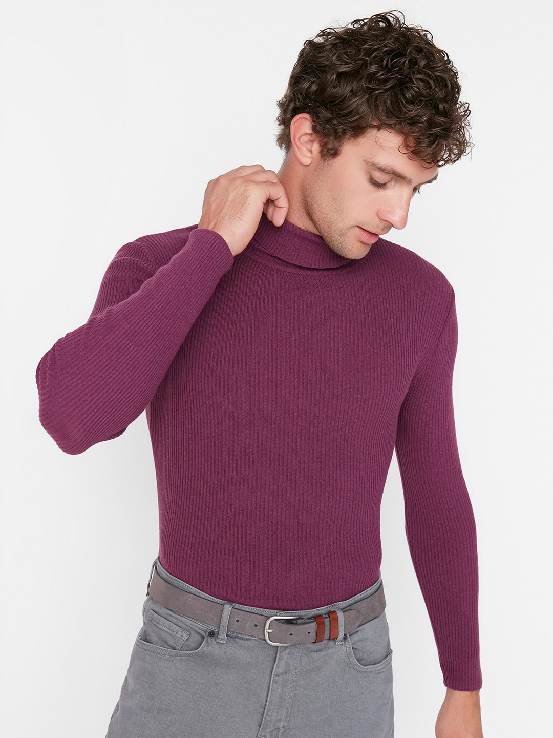 

Trendyol Turtle Neck Ribbed Full Sleeves Pullover, Purple