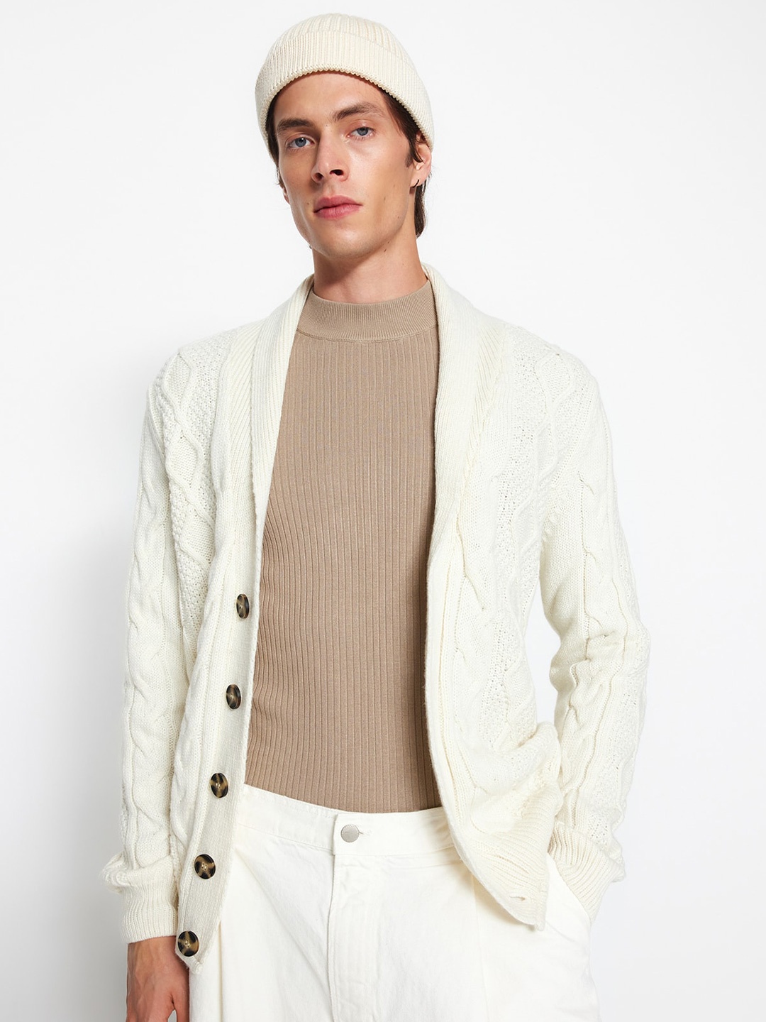 

Trendyol Shawl Collar Cable Knit Cardigan, Off white