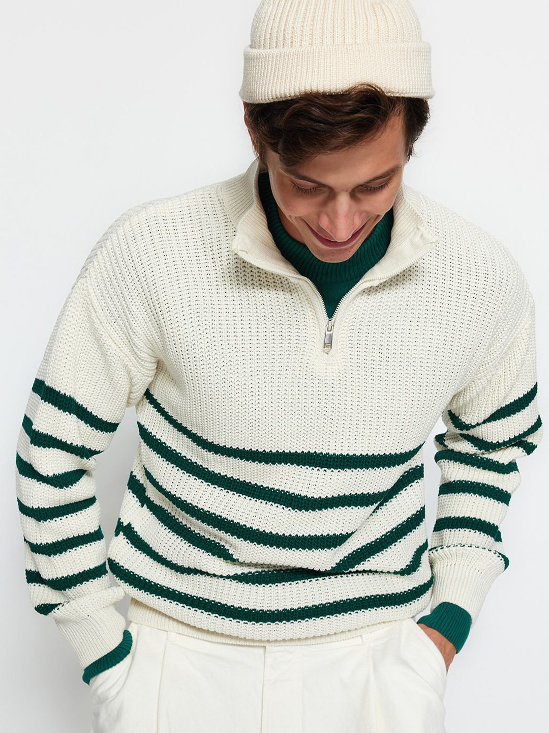

Trendyol Striped Mock Collar Pure Acrylic Pullover, White