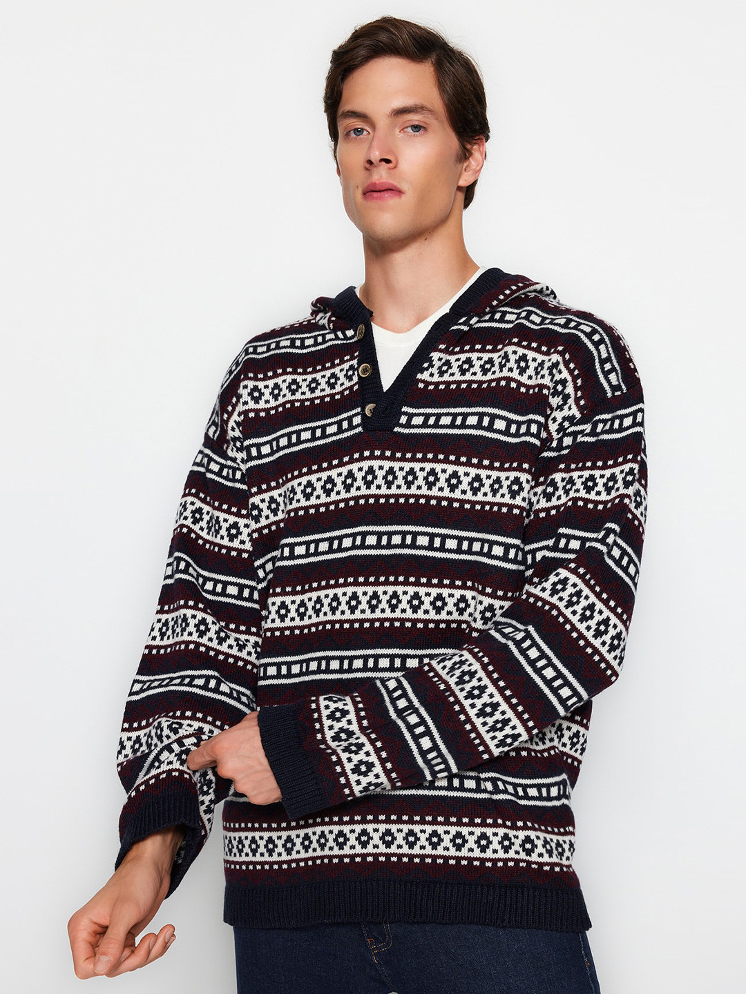 

Trendyol Fair Isle Acrylic Hooded Pullover, Navy blue