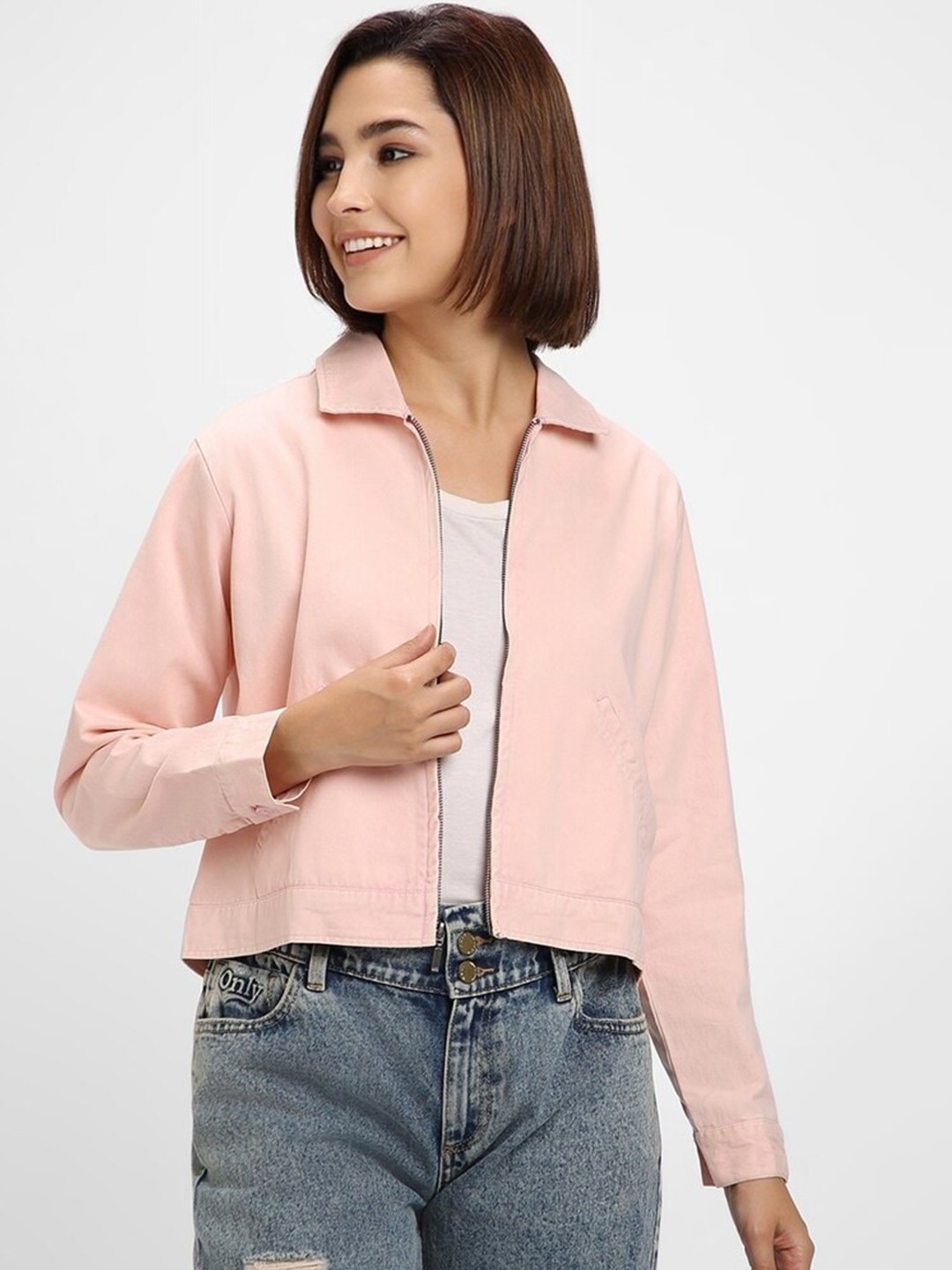 

FOREVER 21 Spread Collar Crop Pure Cotton Bomber Jacket, Pink