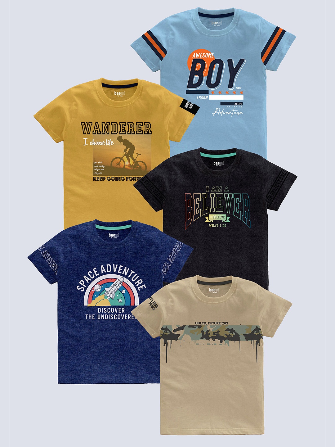 

BAESD Boys Pack of 5 Typography Printed Round Neck Pure Cotton T-shirts, Blue