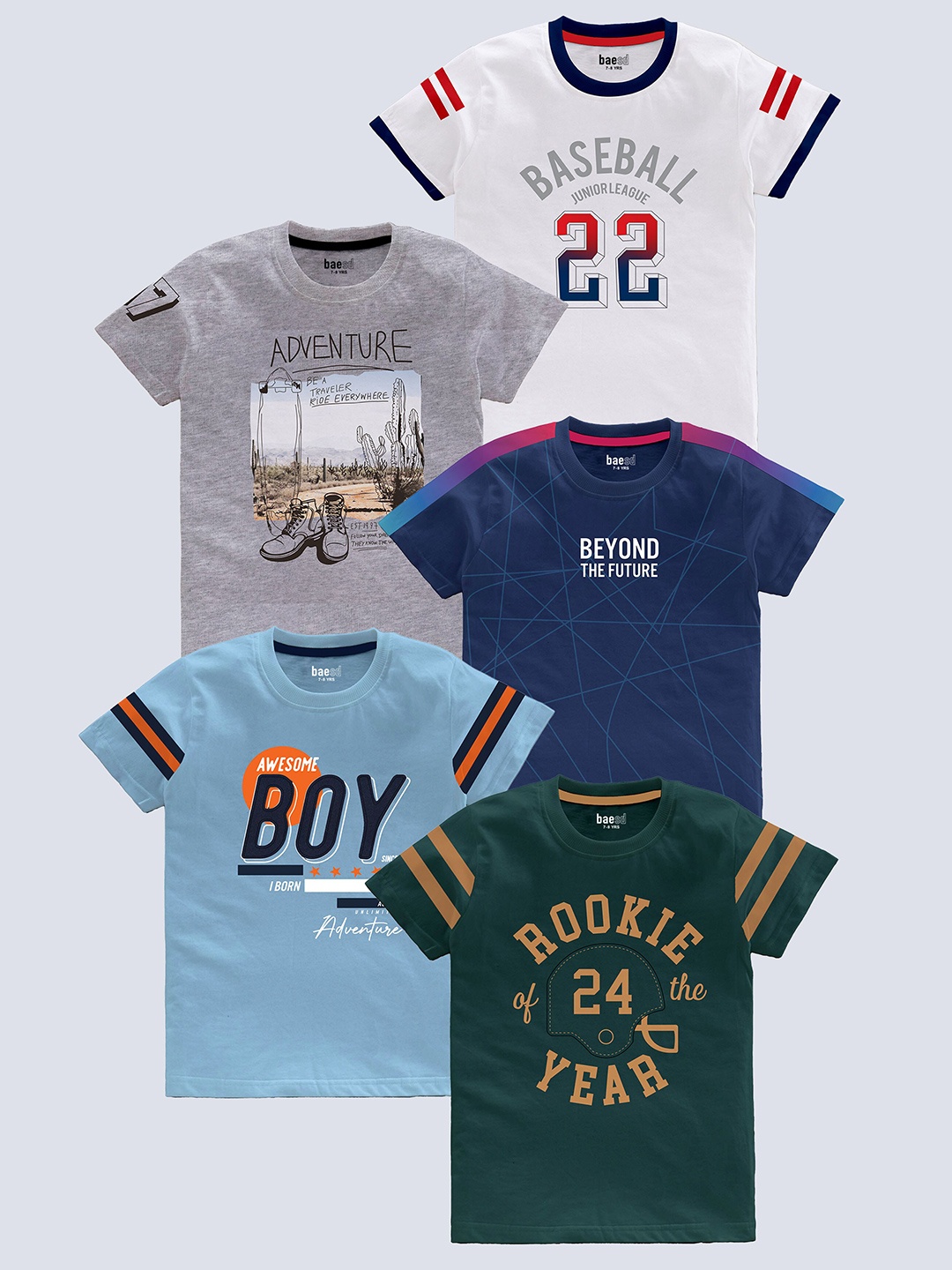 

BAESD Boys Pack of 5 Typography Printed Round Neck Pure Cotton T-shirts, White
