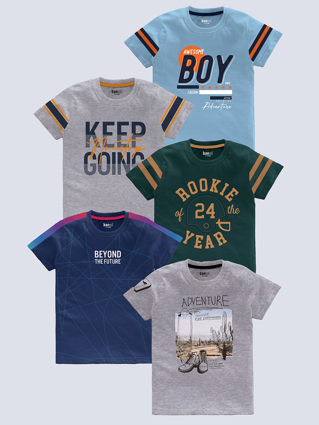 

BAESD Boys Pack of 5 Typography Printed Round Neck Pure Cotton T-shirts, Blue