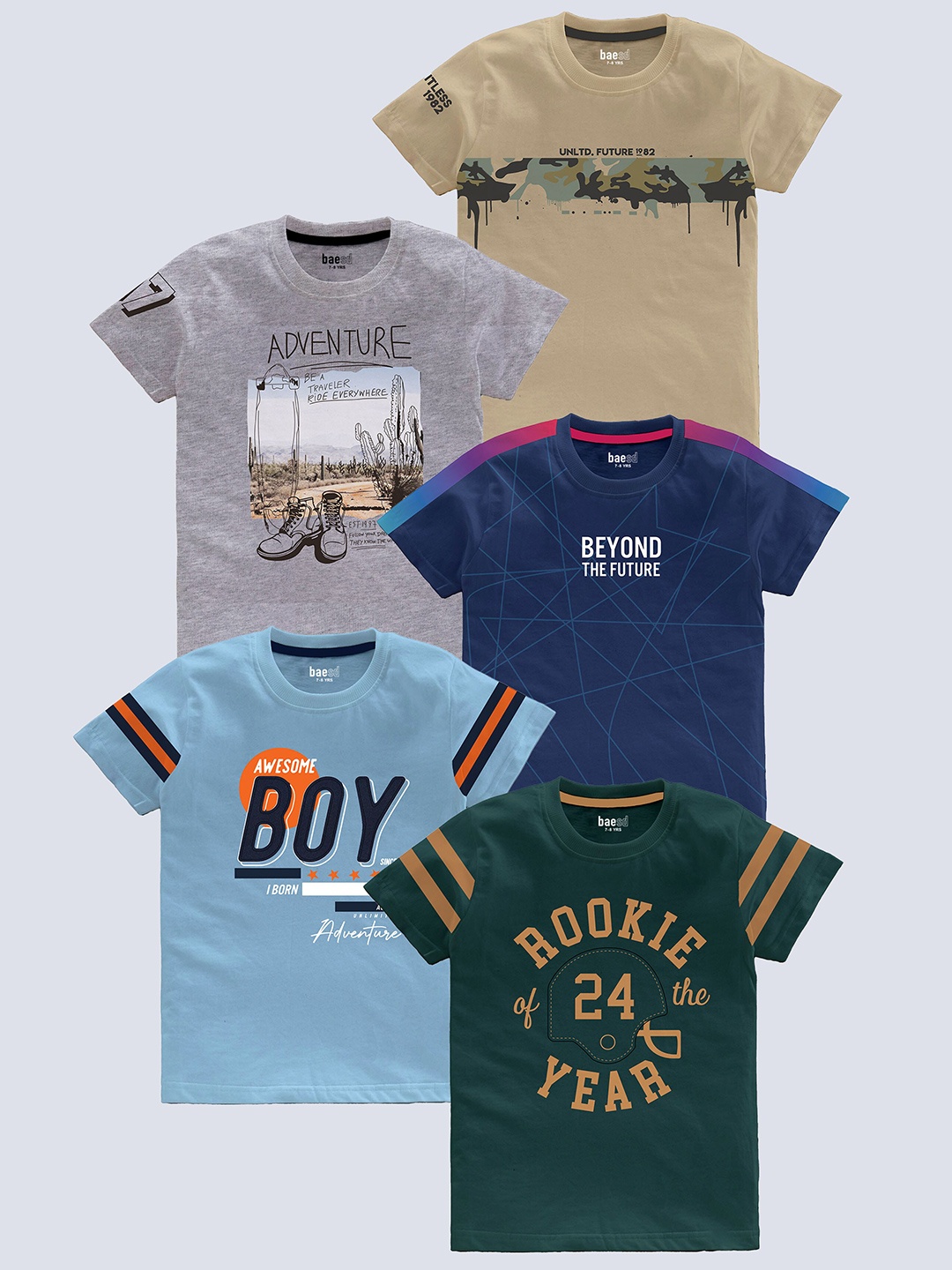 

BAESD Boys Pack of 5 Typography Printed Round Neck Pure Cotton T-shirts, Beige