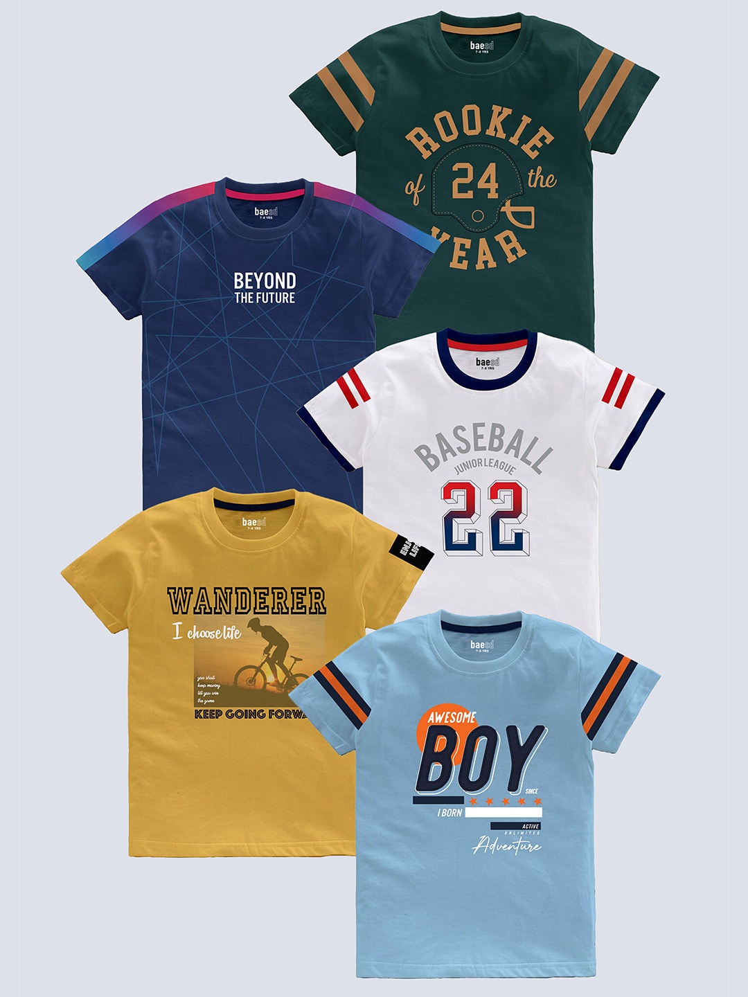 

BAESD Boys Pack of 5 Typography Printed Round Neck Pure Cotton T-shirts, Green