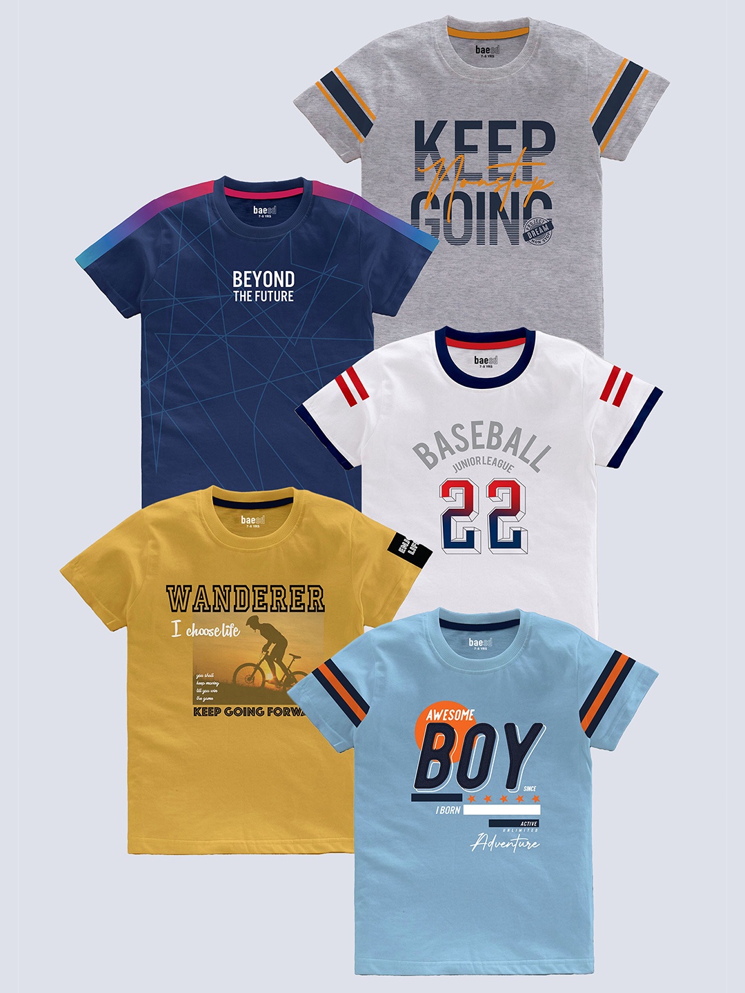 

BAESD Boys Pack of 5 Typography Printed Round Neck Pure Cotton T-shirts, Grey