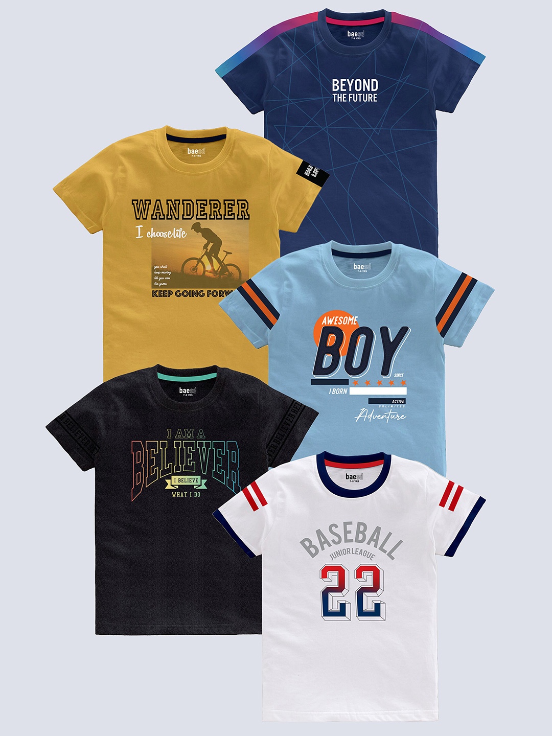 

BAESD Boys Pack of 5 Typography Printed Round Neck Pure Cotton T-shirts, Blue